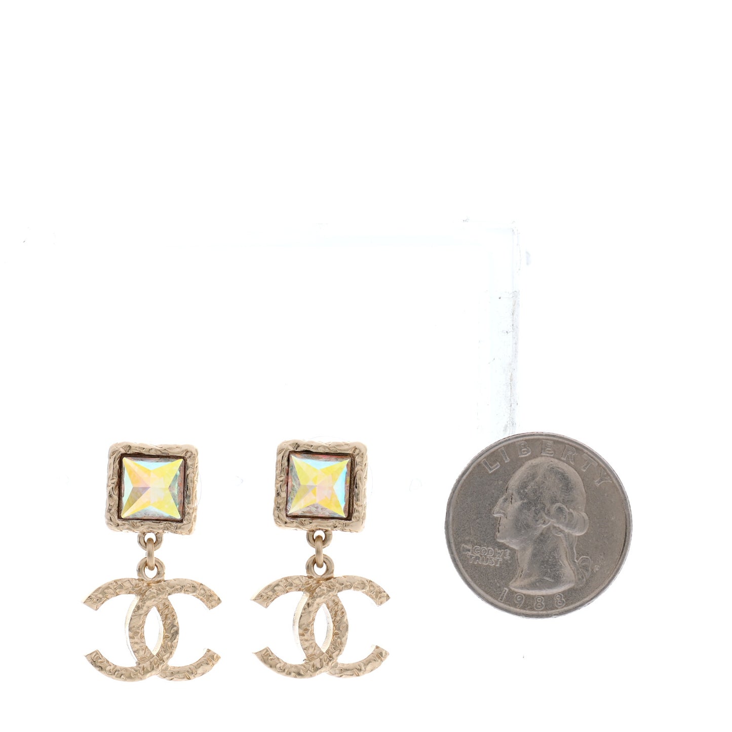 Iridescent Baguette Crystal CC Drop Earrings Gold
