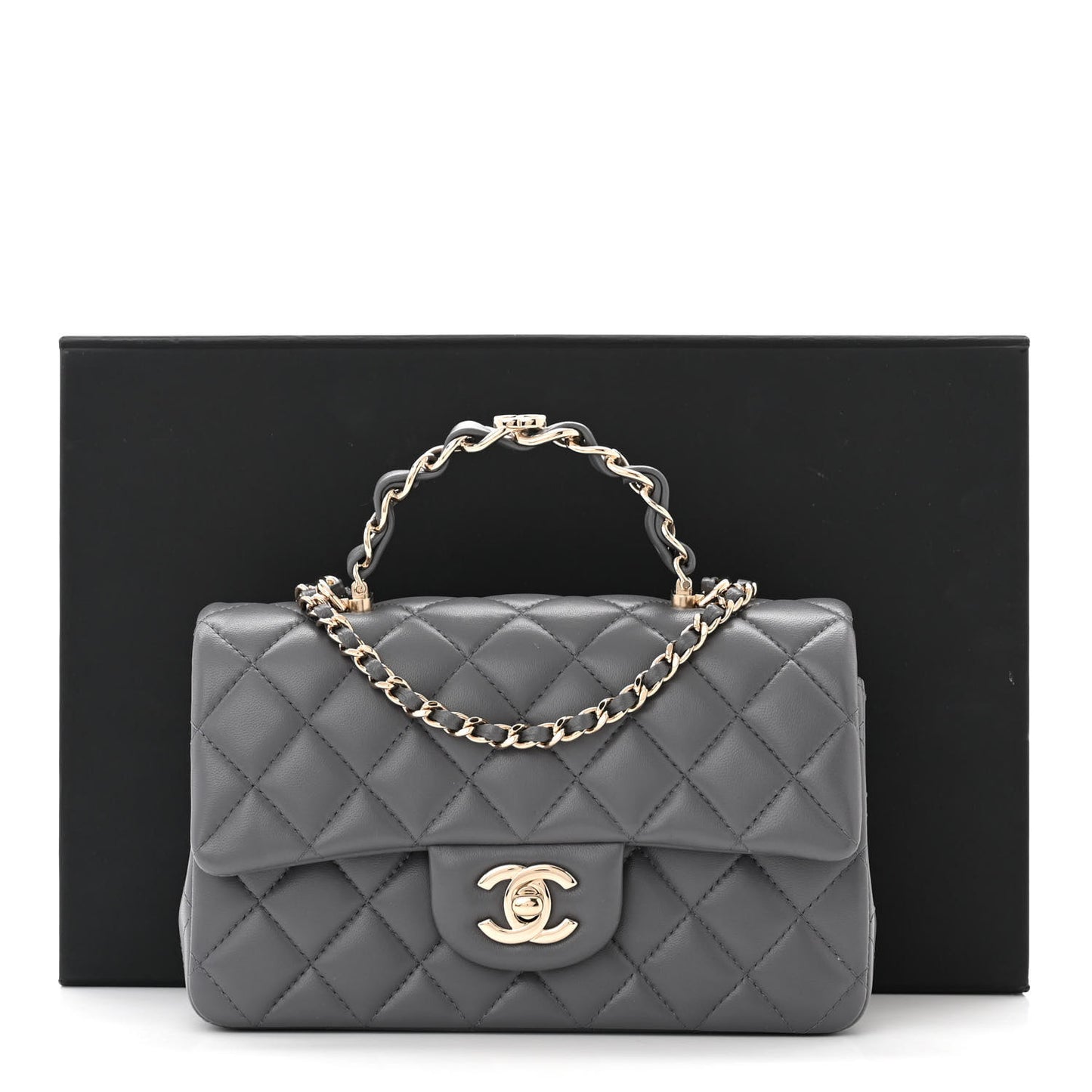 Lambskin Quilted Mini Chain Top Handle Rectangular Flap Grey