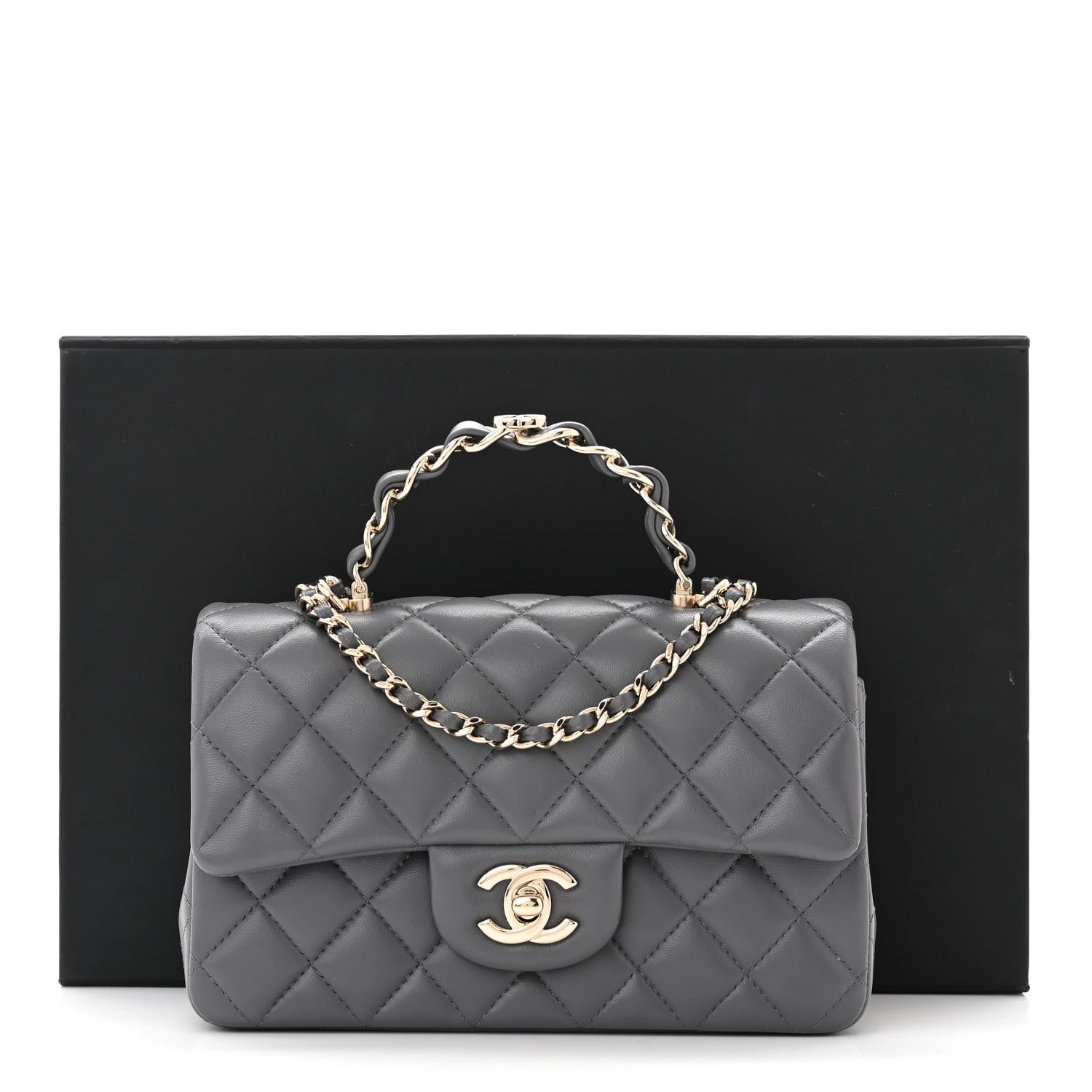 Chanel Lambskin Quilted Mini Chain Top Handle Rectangular Flap Grey 11 of 11