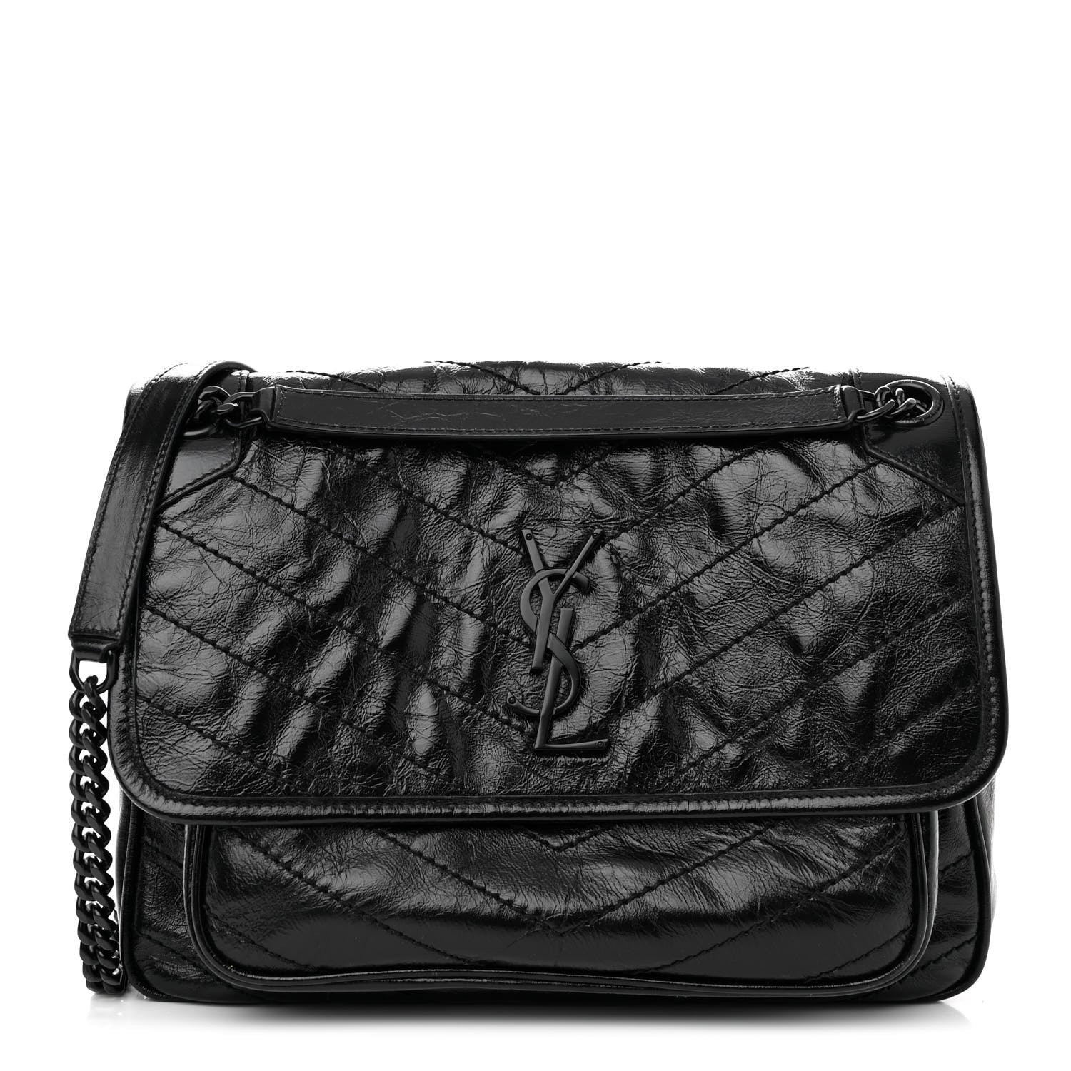 Saint Laurent Crinkled Calfskin Matelasse Monogram Medium Niki Chain Satchel Black 1 of 8