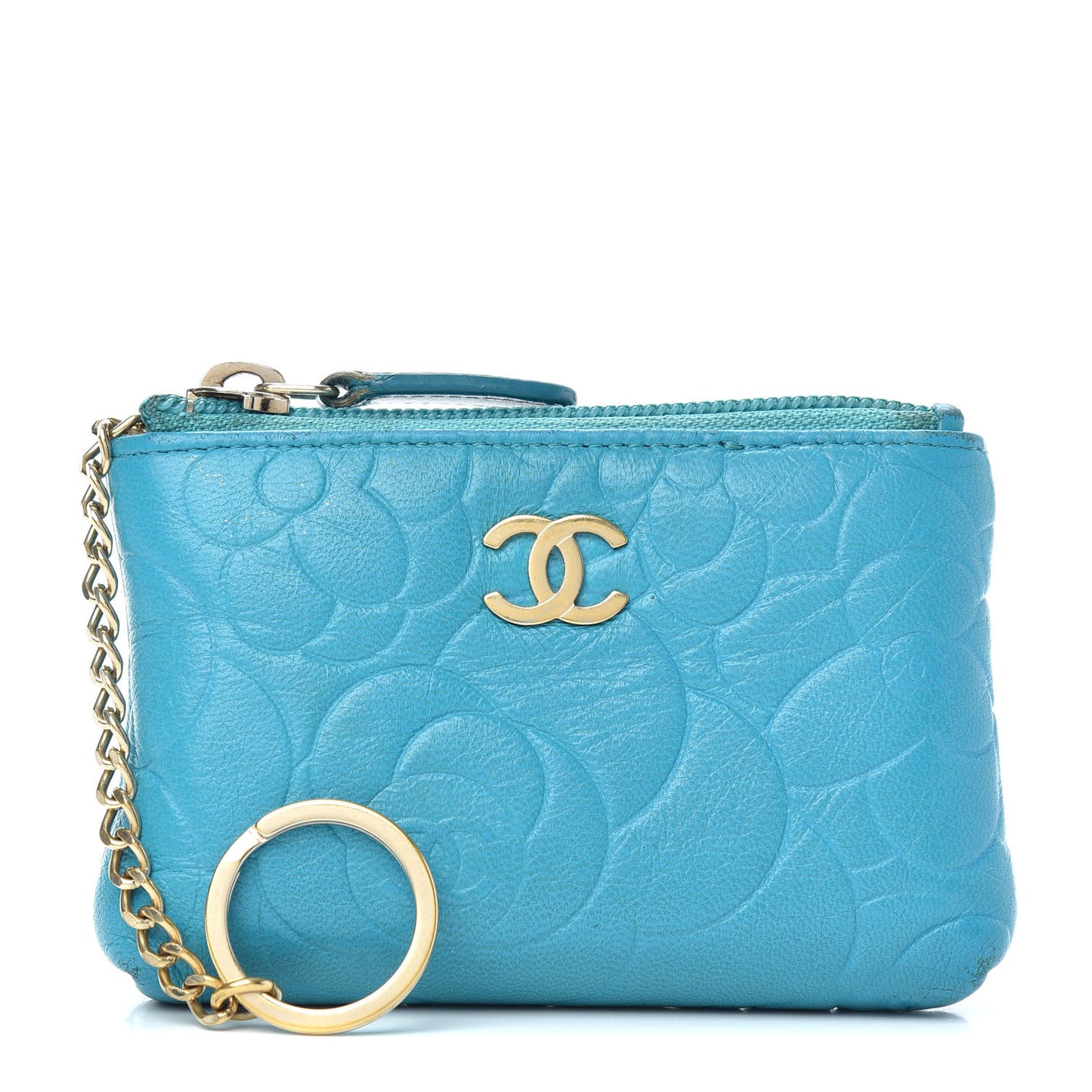 Lambskin Camellia Embossed Key Holder Case Turquoise