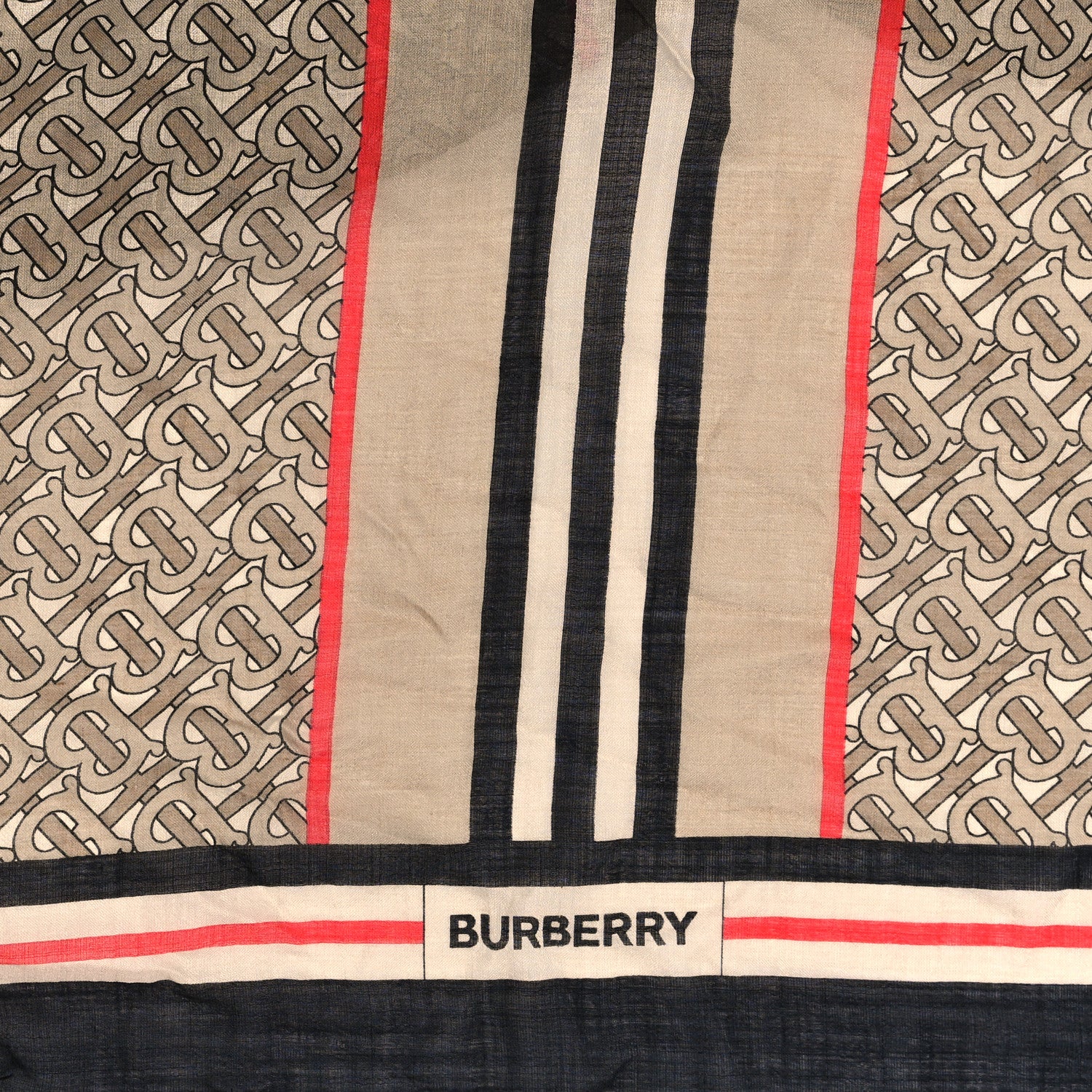 Burberry Wool Silk Icon Stripe Monogram Large TB Print Scarf Archive Beige 2 of 3