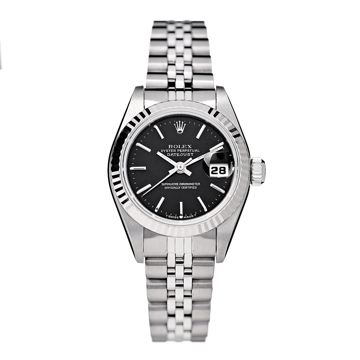 Rolex Stainless Steel 18K White Gold 26mm Oyster Perpetual Datejust Watch Black 69174 1 of 7