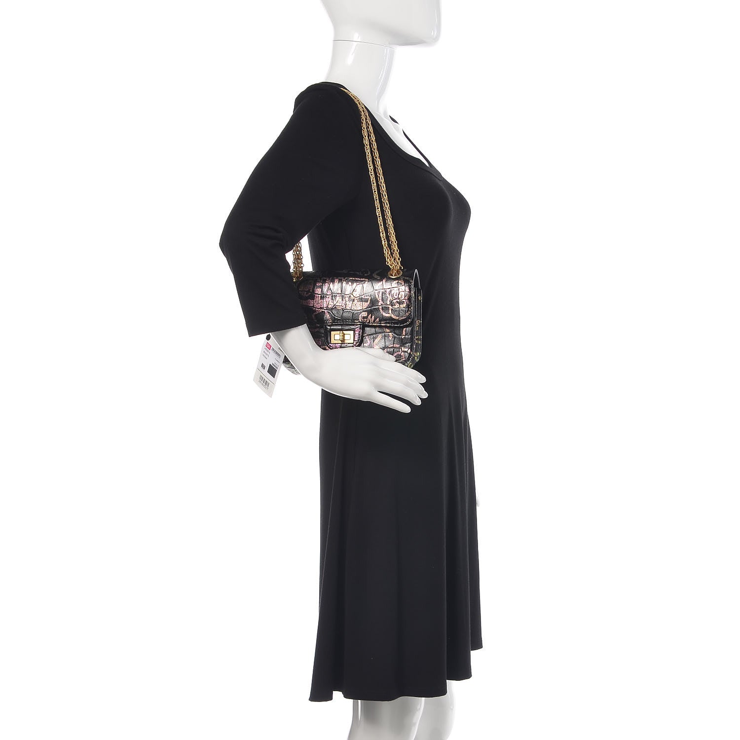 Chanel Calfskin Crocodile Embossed Graffiti 2.55 Mini Cocodile Reissue Flap Black Pink 2 of 11