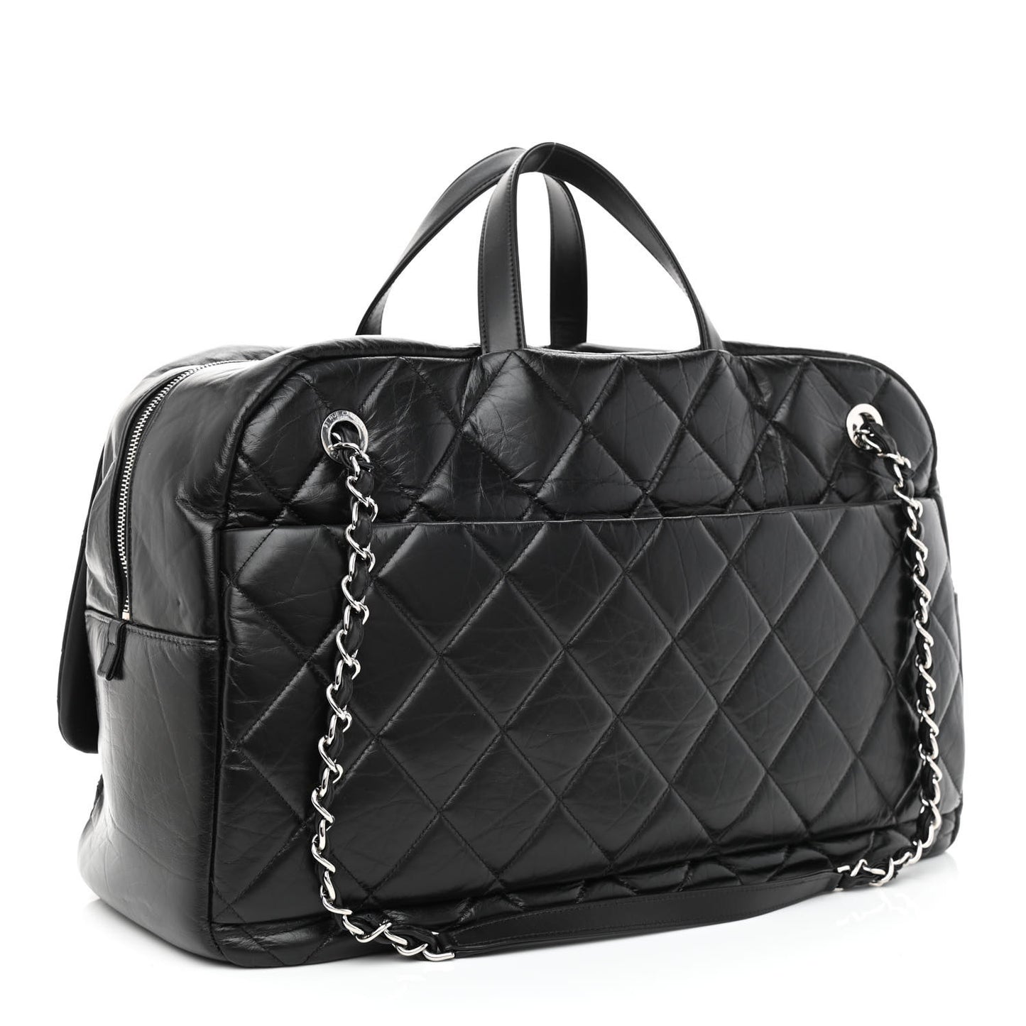 Aged Calfskin Quilted Large Express Bowling Bag Black