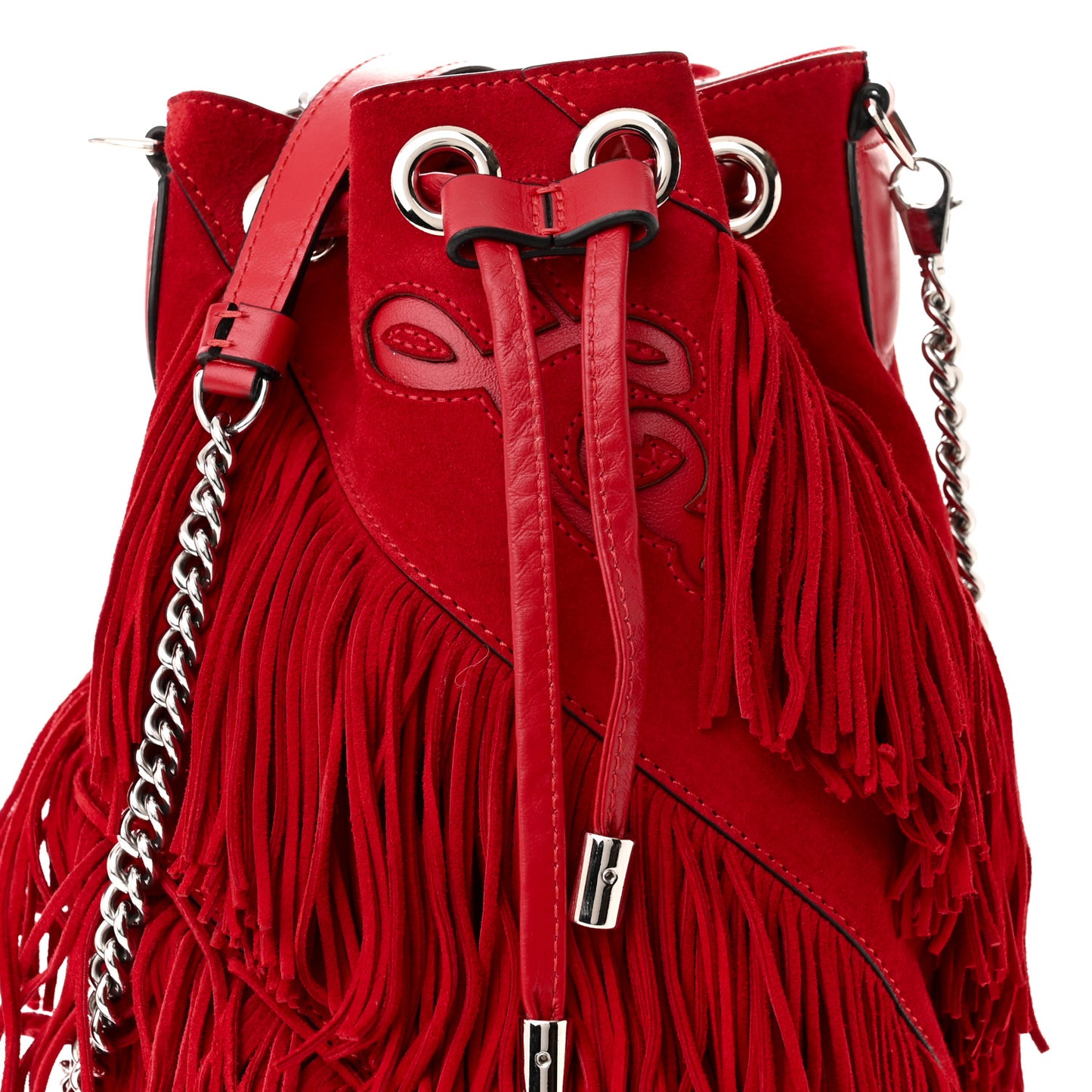 Suede Calfskin Fringe Marie Jane Bucket Red