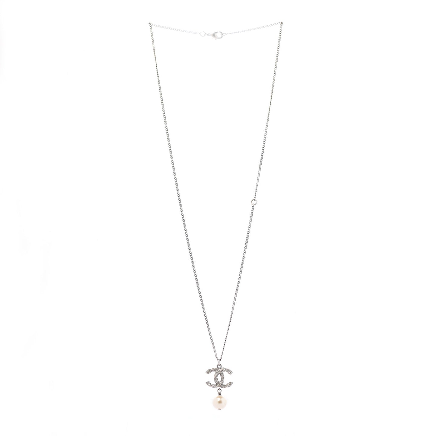 Crystal Pearl Twisted CC Drop Necklace Silver