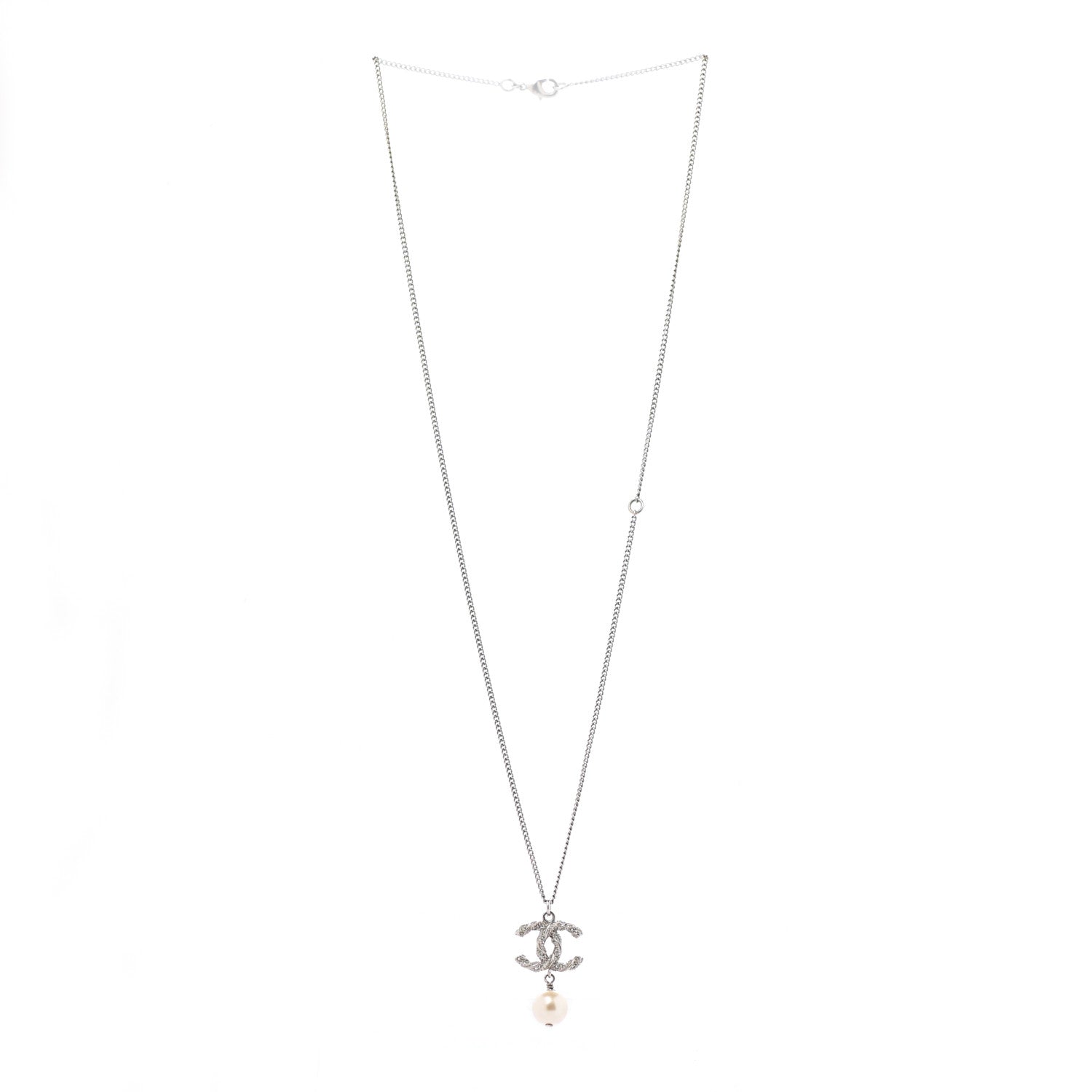 Chanel Crystal Pearl Twisted CC Drop Necklace Silver 3 of 6