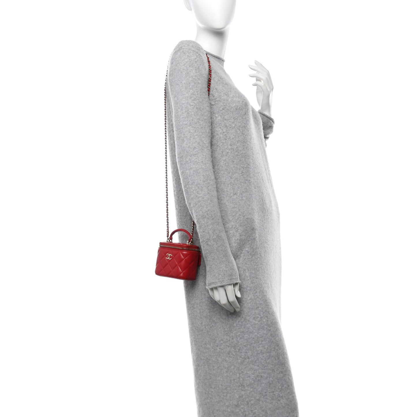 Lambskin Quilted Top Handle Mini Vanity Case With Chain Red