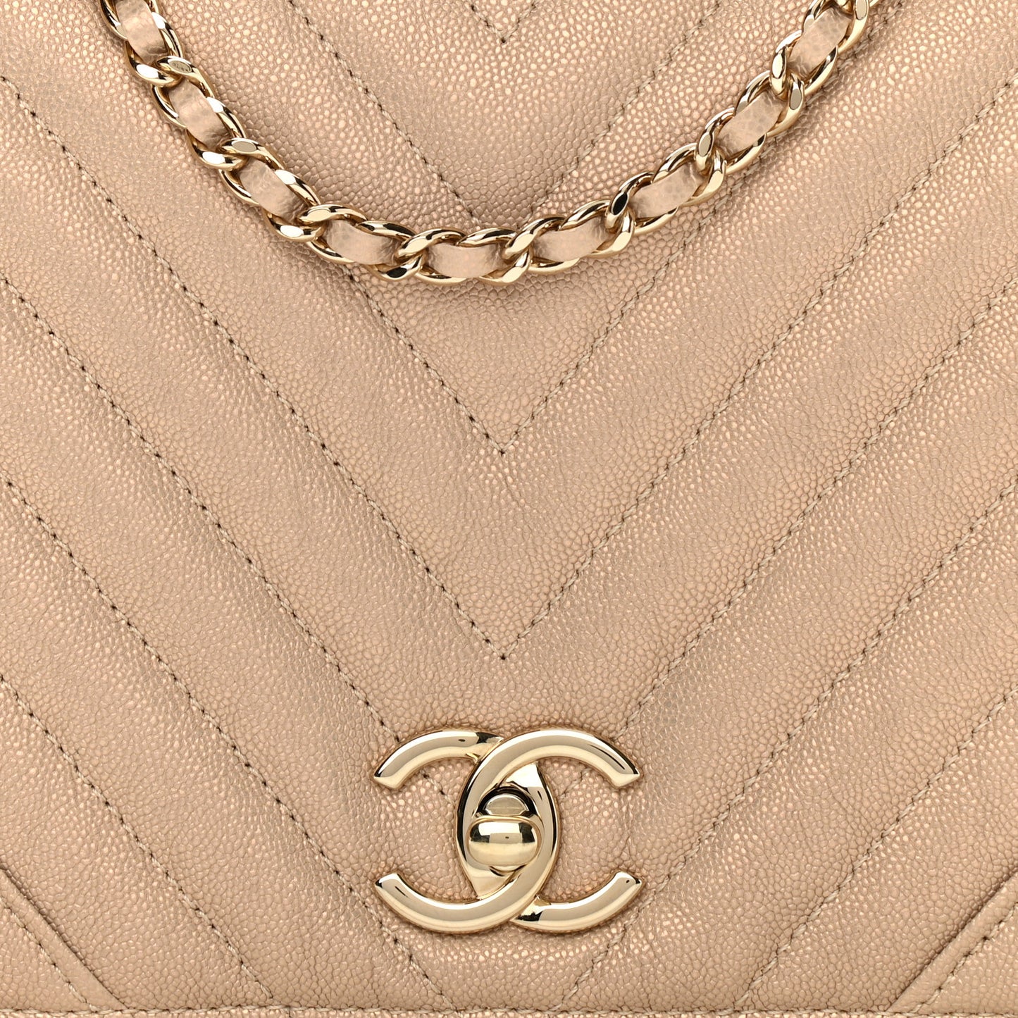Metallic Caviar Chevron Quilted Medium Statement Flap Beige