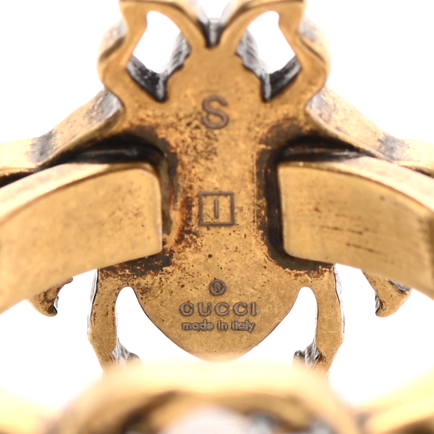 Gucci Metal Crystal Pearl Bee Ring 53 6.25 Aged Gold 5 of 5