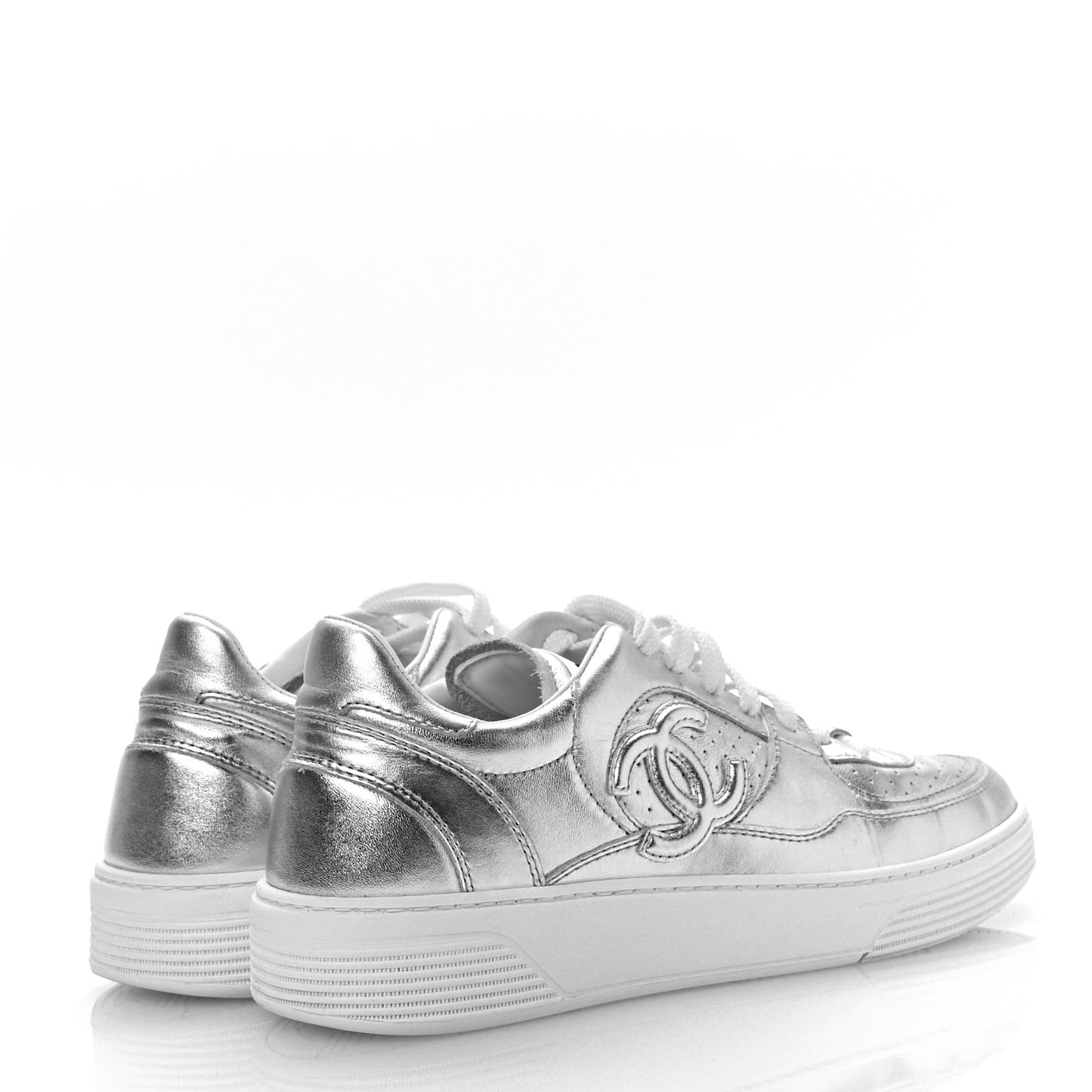 Laminated Calfskin CC Womens Sneakers 38 Silver