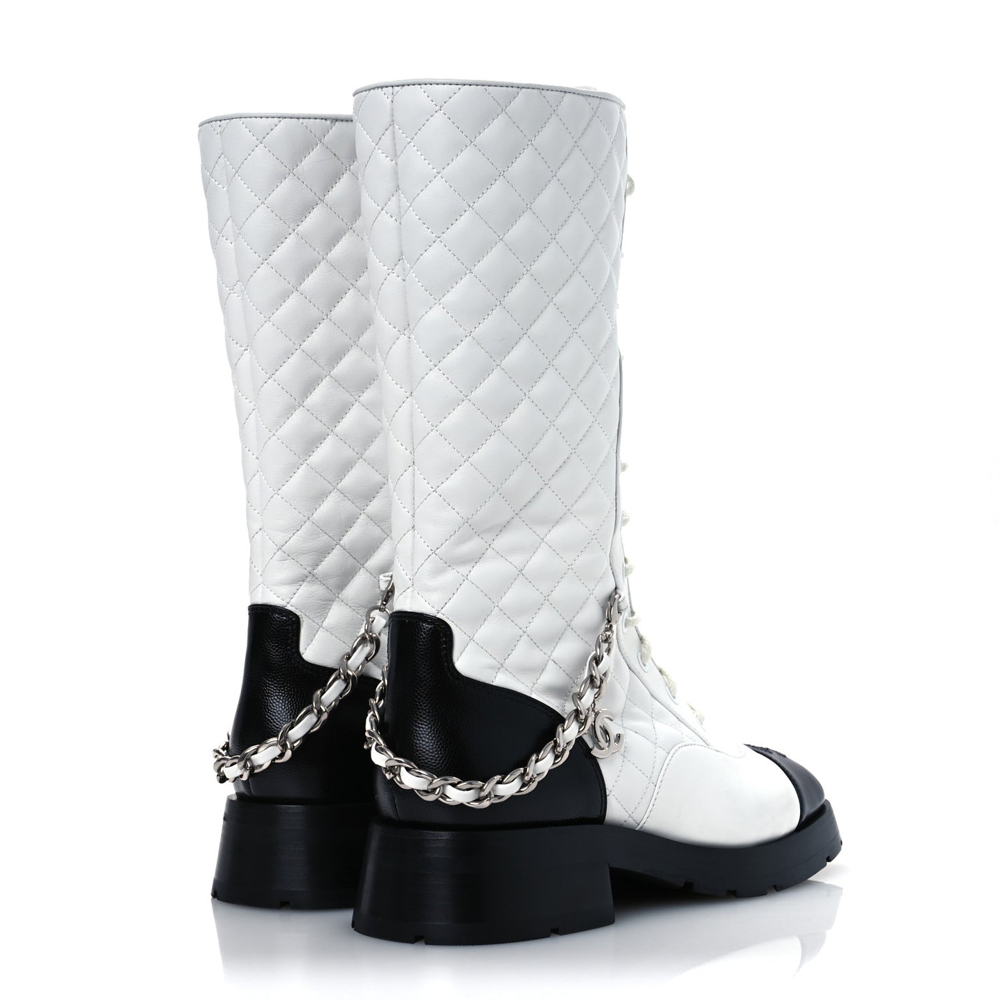 Grained Calfskin Quilted Chain Lace Up Combat Long Boots 40.5 White Black