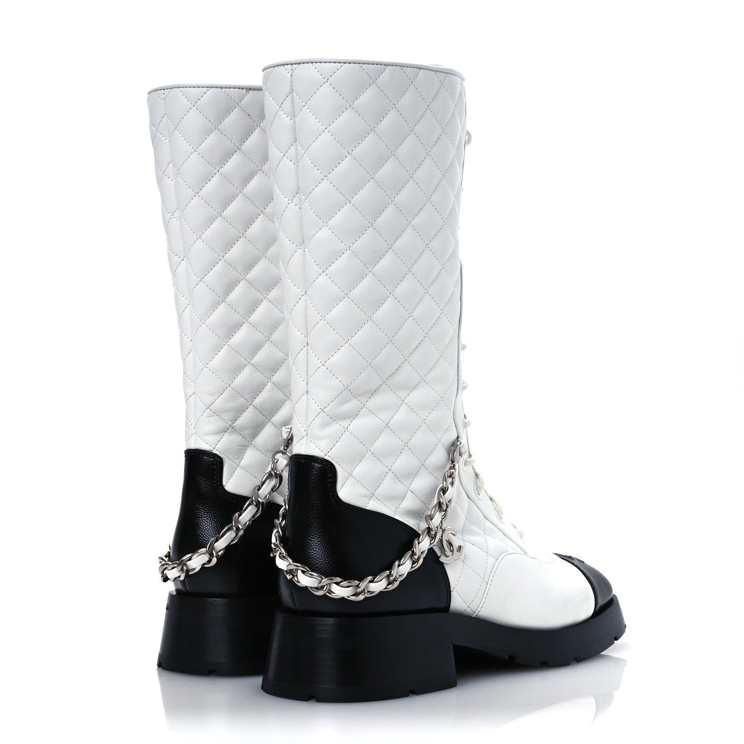 Chanel Grained Calfskin Quilted Chain Lace Up Combat Long Boots 40.5 White Black 5 of 13