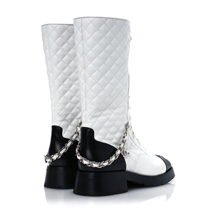 Chanel Grained Calfskin Quilted Chain Lace Up Combat Long Boots 40.5 White Black 5 of 13