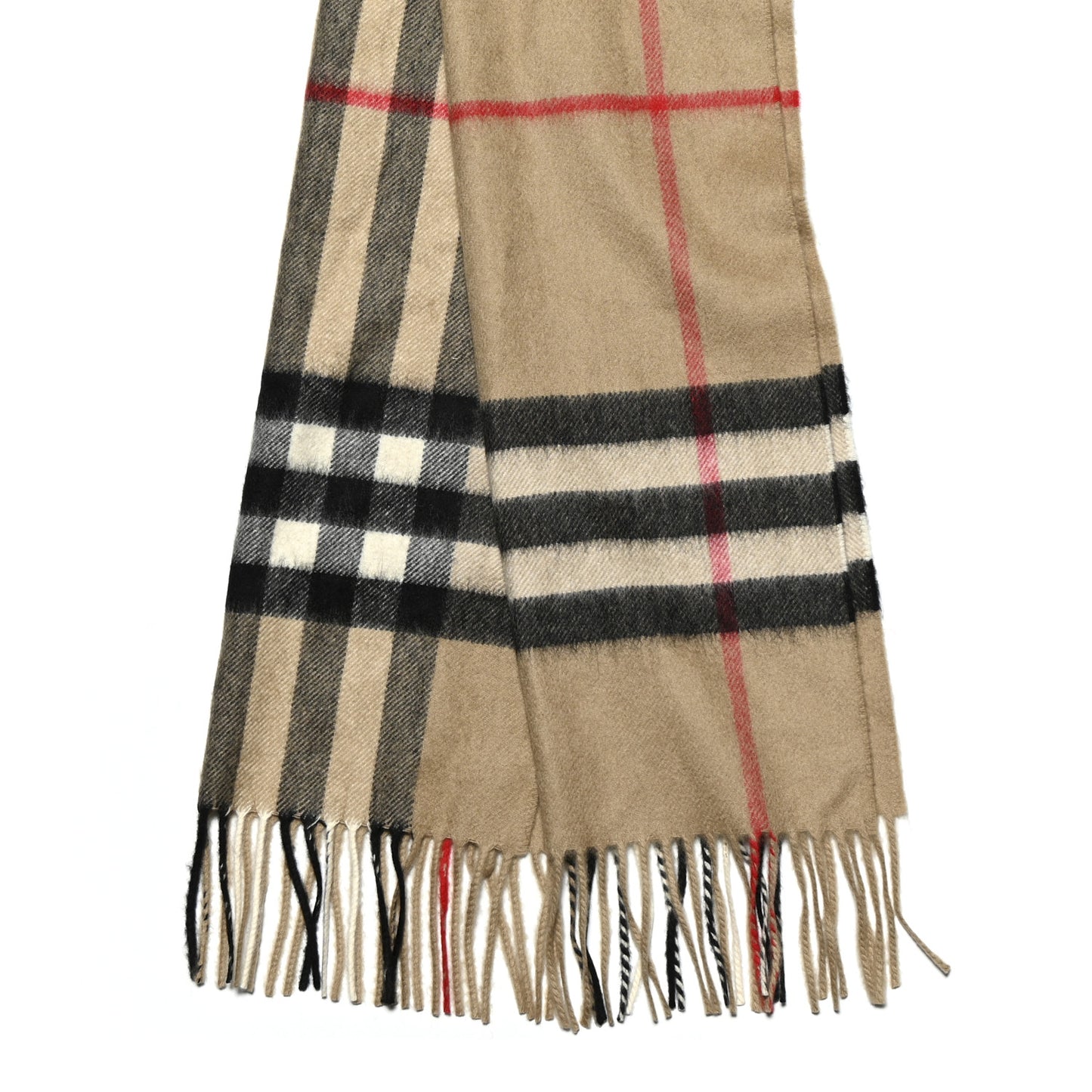 Cashmere Giant Check Fringe Scarf Camel
