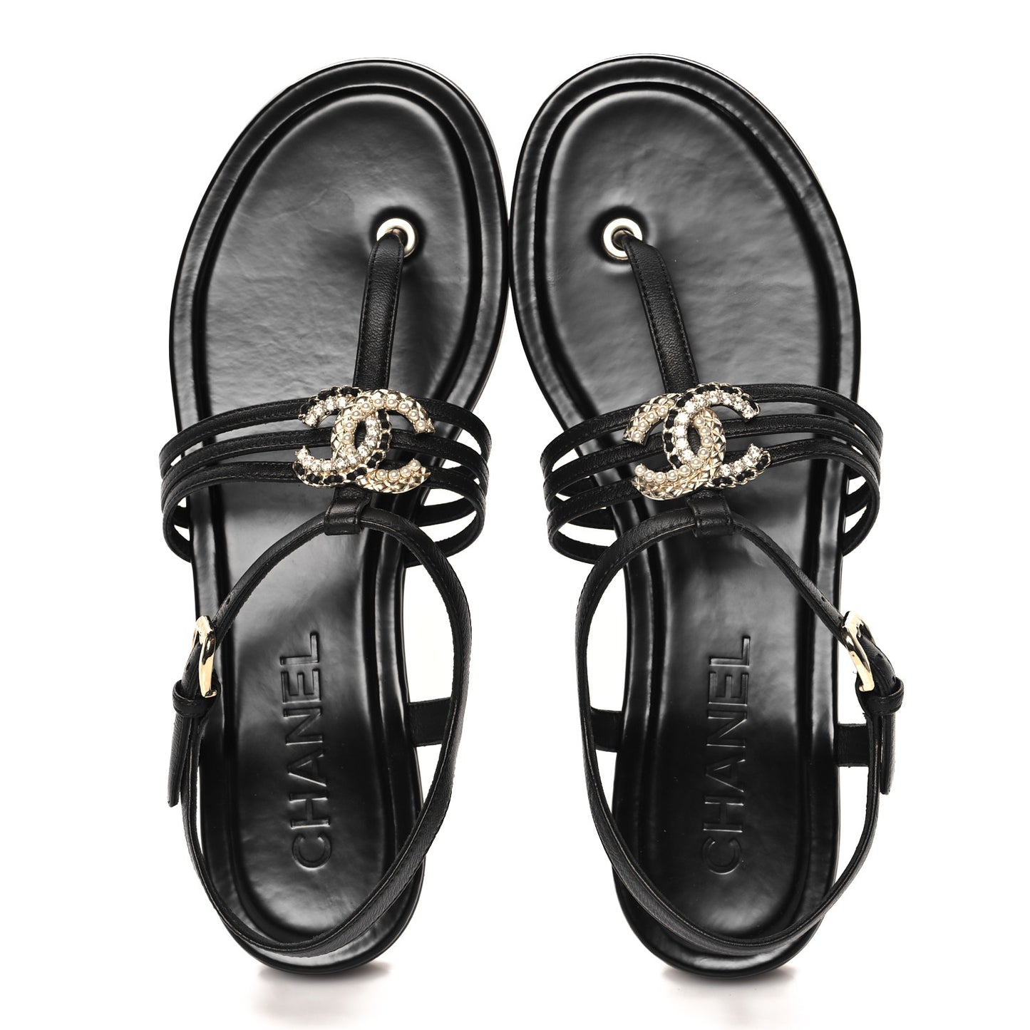 Lambskin Pearl Crystal CC Thong Sandals 38.5 Black