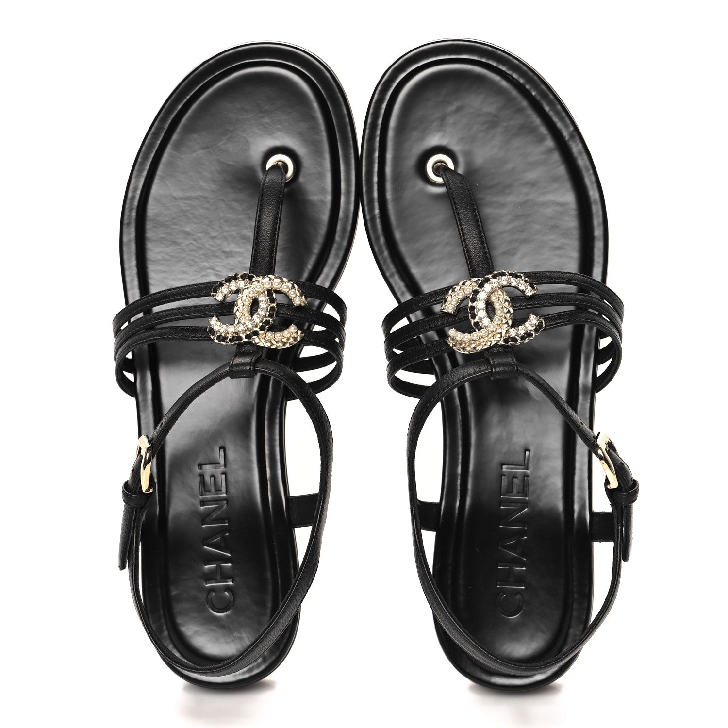 Chanel Lambskin Pearl Crystal CC Thong Sandals 38.5 Black 2 of 9