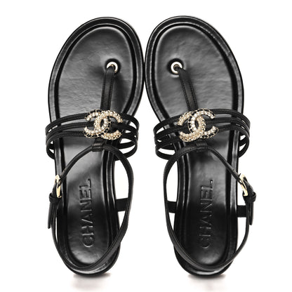 Chanel Lambskin Pearl Crystal CC Thong Sandals 38.5 Black 2 of 9