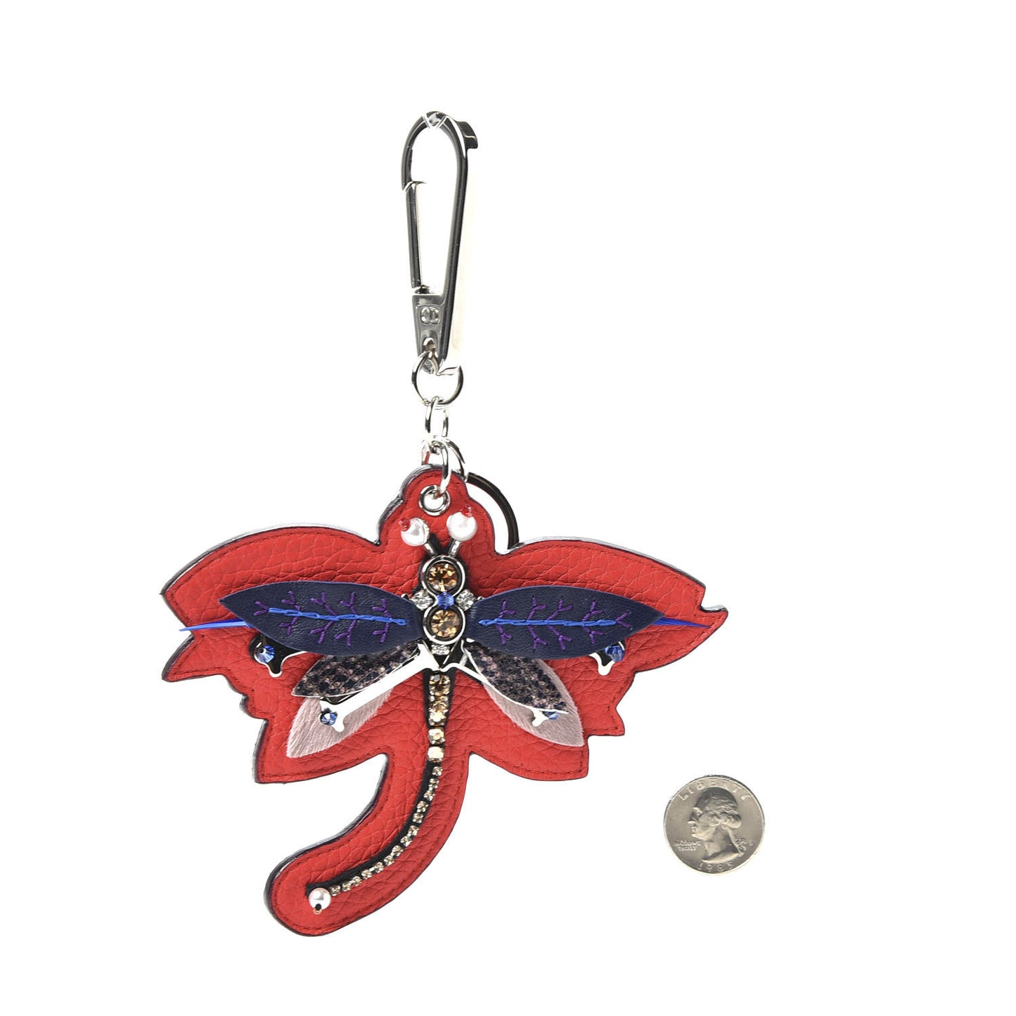 Grained Calfskin Dragonfly Charm Key Ring Red Multicolor