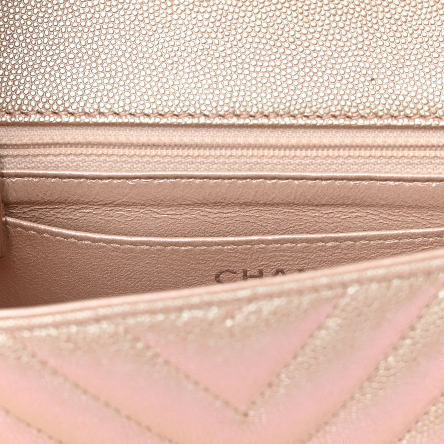 Iridescent Caviar Chevron Quilted Mini Rectangular Flap Light Gold