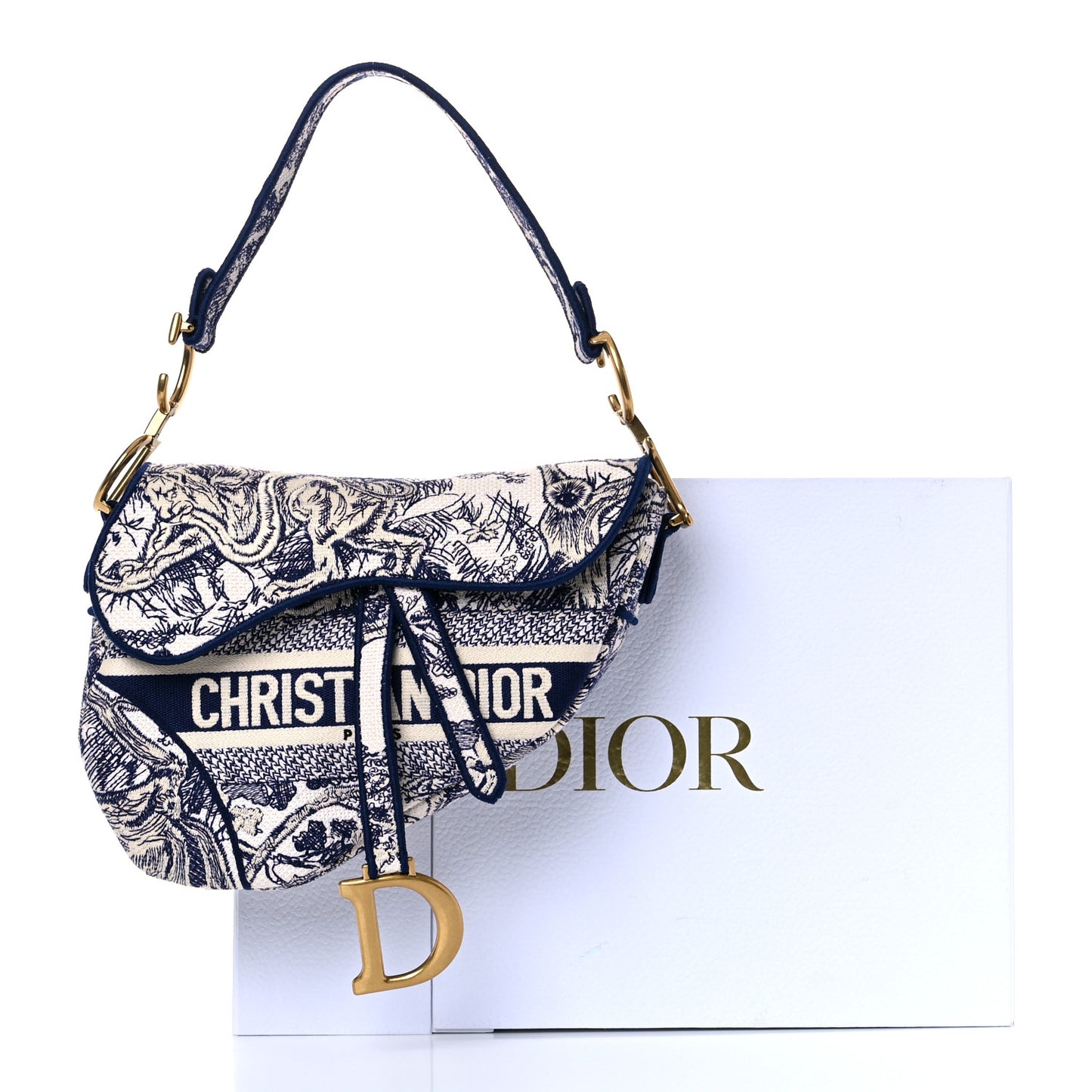 Canvas Embroidered Toile de Jouy Saddle Bag Blue