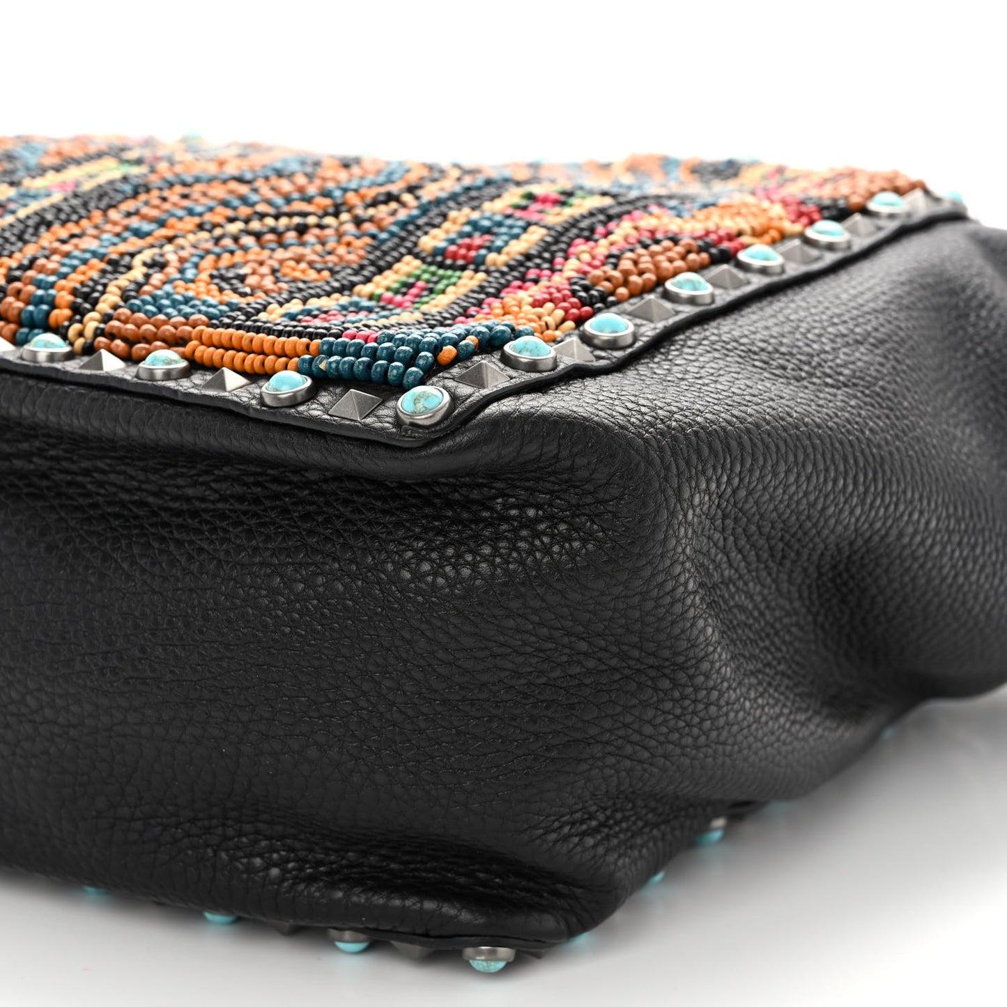 Pebbled Calfskin Beaded Guitar Strap Rockstud Rolling Tote Bag Black