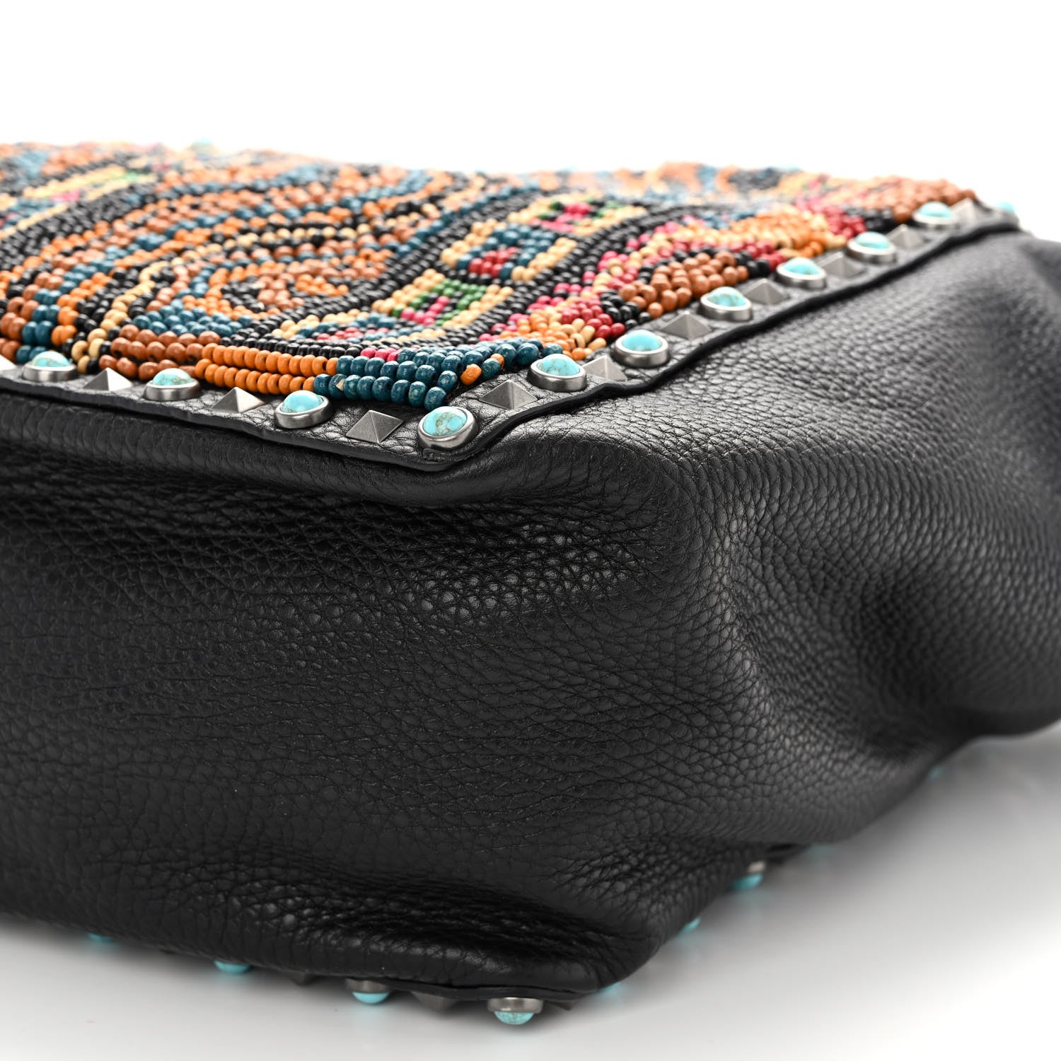 Valentino Garavani Pebbled Calfskin Beaded Guitar Strap Rockstud Rolling Tote Bag Black 9 of 9