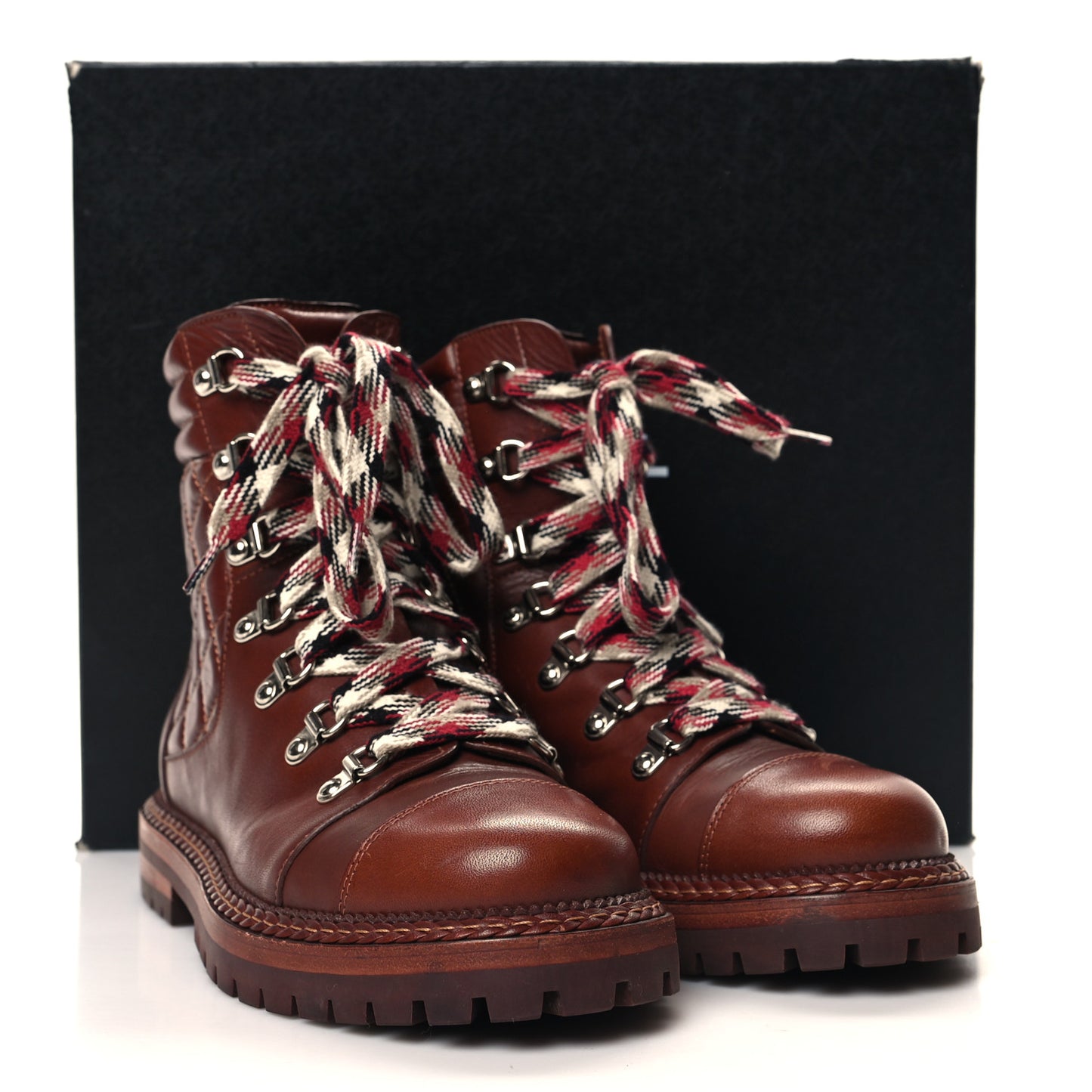 Lambskin Quilted Lace Up Boots 37 Brown
