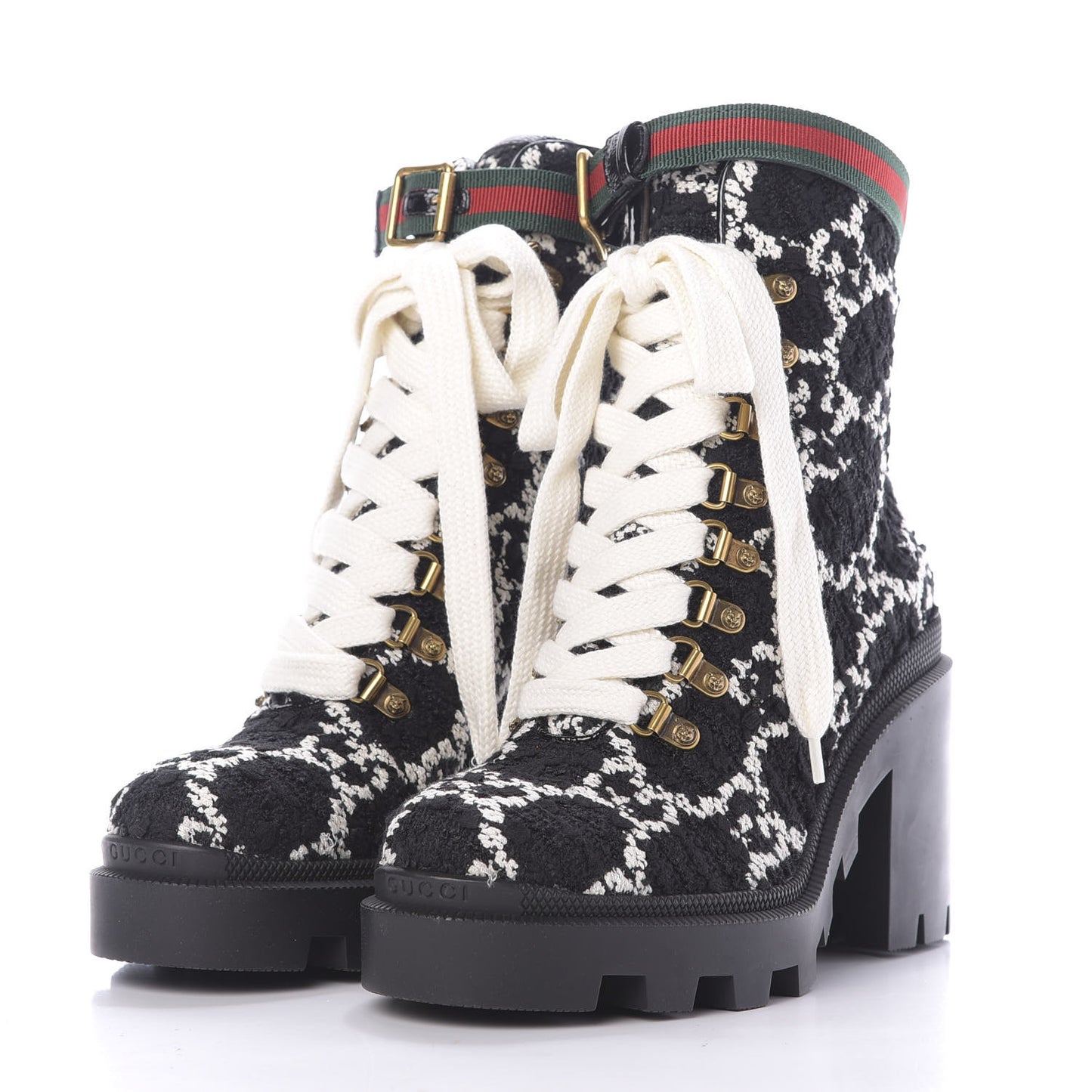 Tweed GG Monogram Lace Up Combat Ankle Boots 37.5 Black