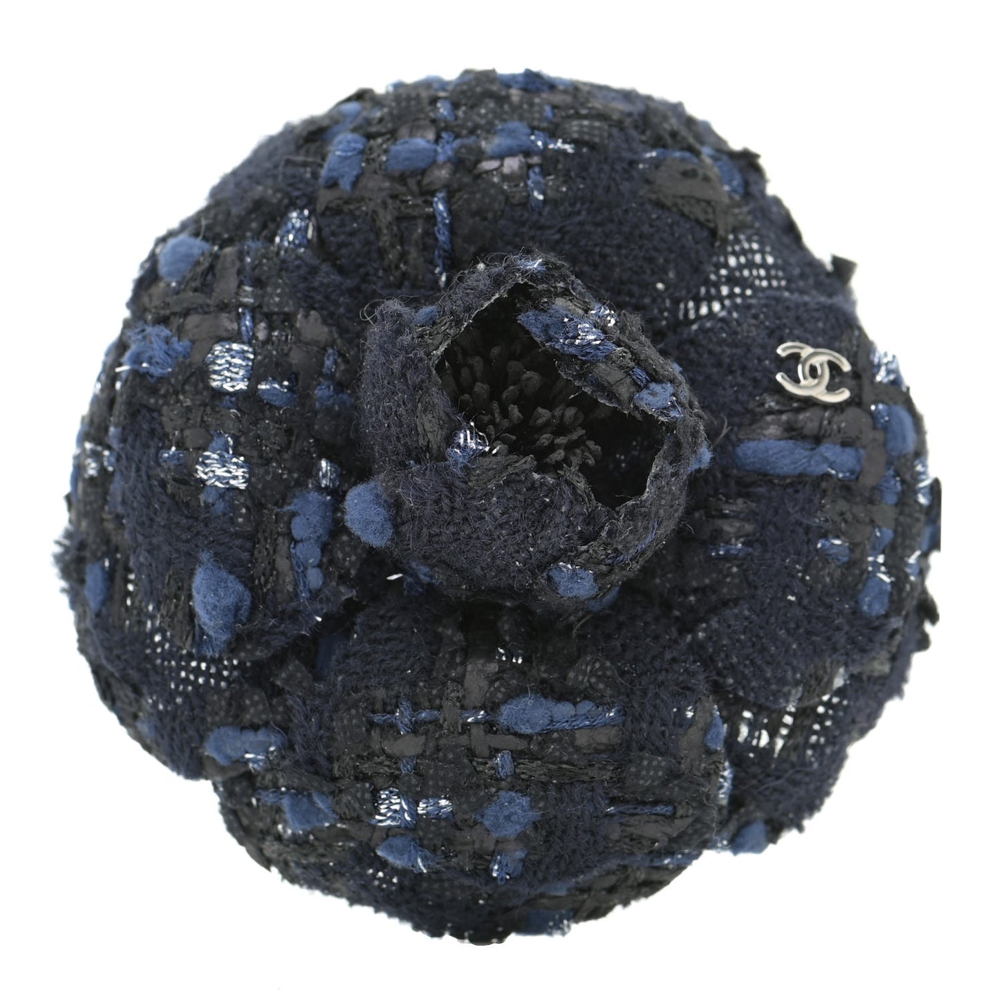 Tweed Camellia Pin Brooch Navy Blue
