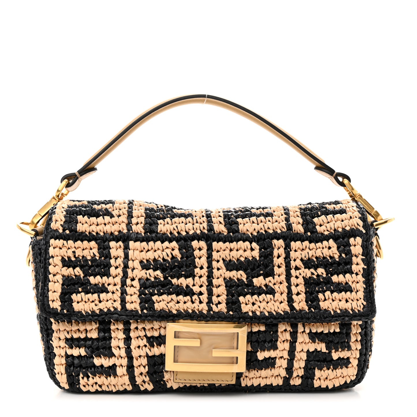 Raffia Vitello Grace FF Crochet Baguette Natural Black Paglia