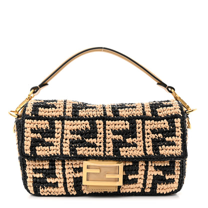 Fendi Raffia Vitello Grace FF Crochet Baguette Natural Black Paglia 1 of 9