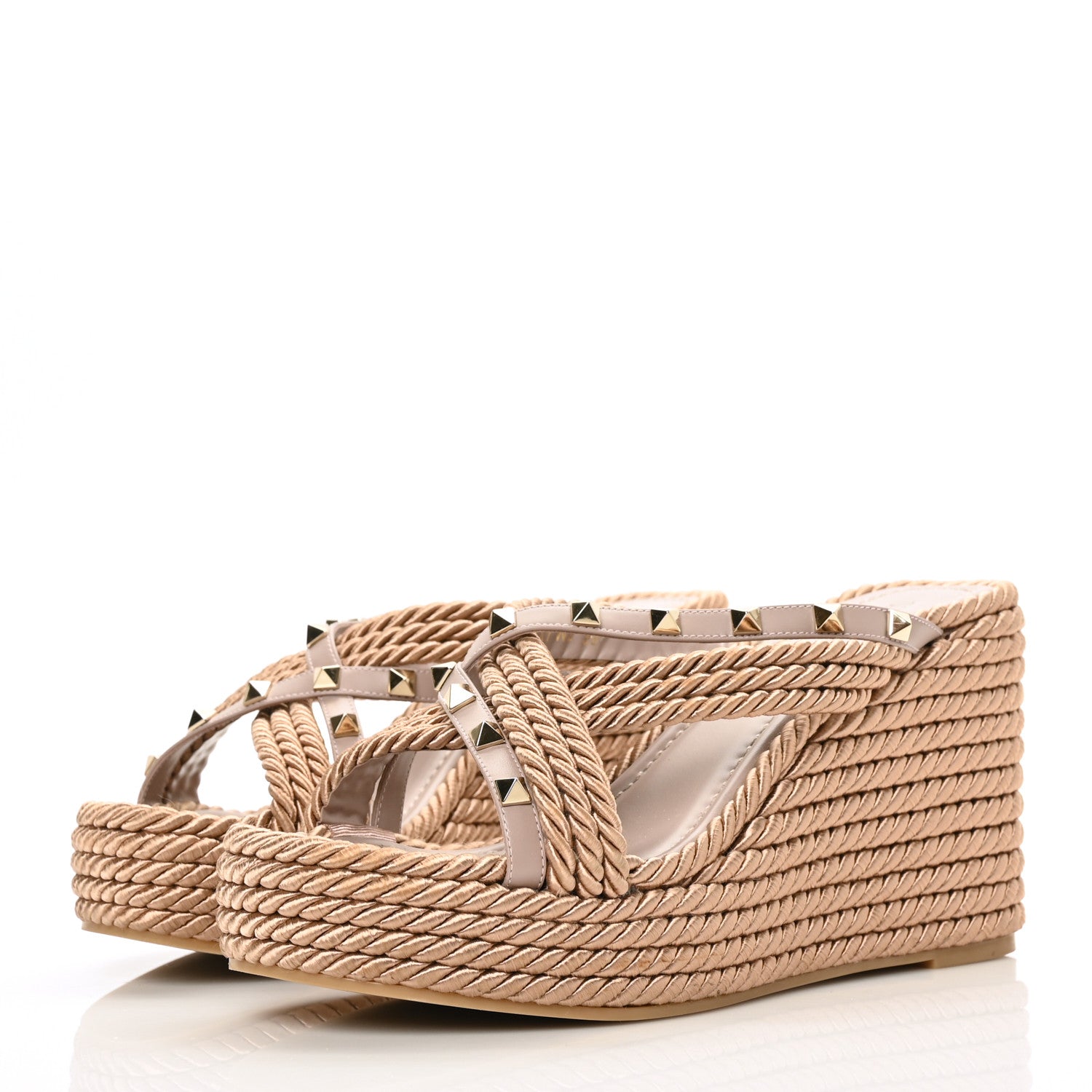 Valentino Garavani Calfskin Silk Rockstud Torchon Espadrille Wedge 25/95mm Slide Sandals 39 Poudre 3 of 8