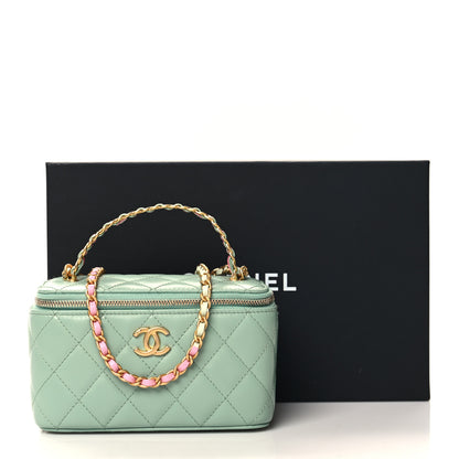 Chanel Shiny Calfskin Quilted Small Top Handle Vanity Case With Chain Light Green 19 of 21