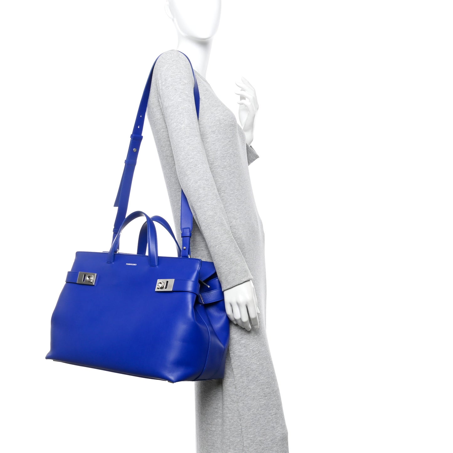 Calfskin Calfskin XL Gancini Buckles Tote Bag Blue