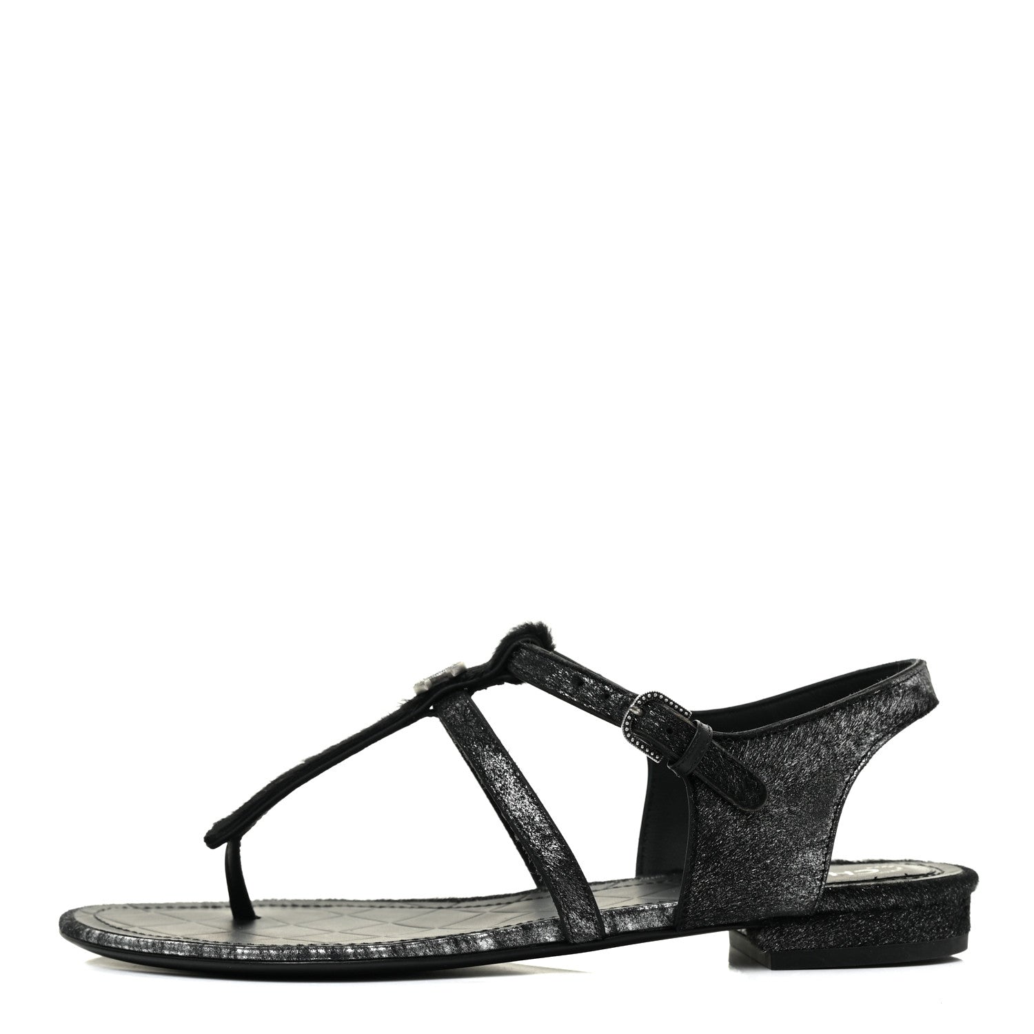 Chanel Metallic Calfskin Pony Hair CC Sandals 37 Black 1 of 9