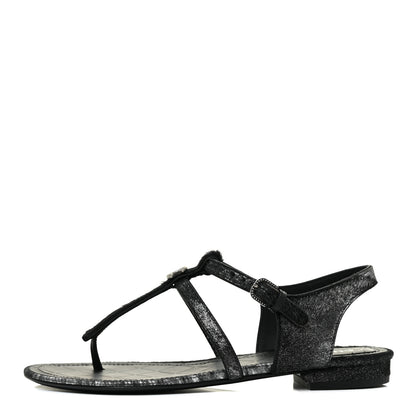 Chanel Metallic Calfskin Pony Hair CC Sandals 37 Black 1 of 9