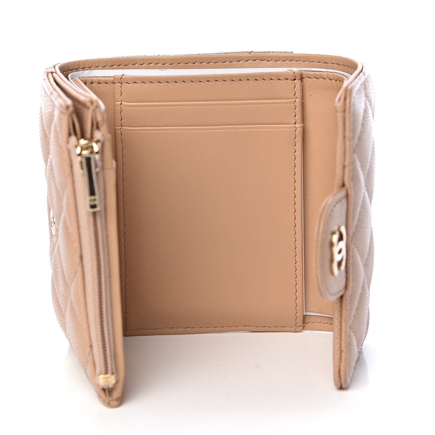 Caviar Quilted Compact Flap Wallet Beige