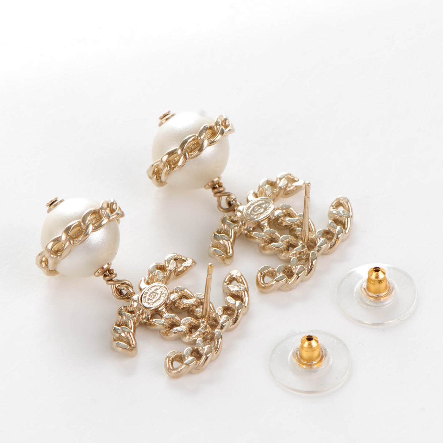 Pearl Chain CC Dangle Earrings Gold