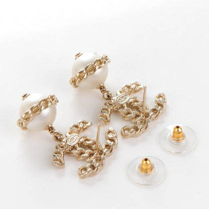 Chanel Pearl Chain CC Dangle Earrings Gold 4 of 5