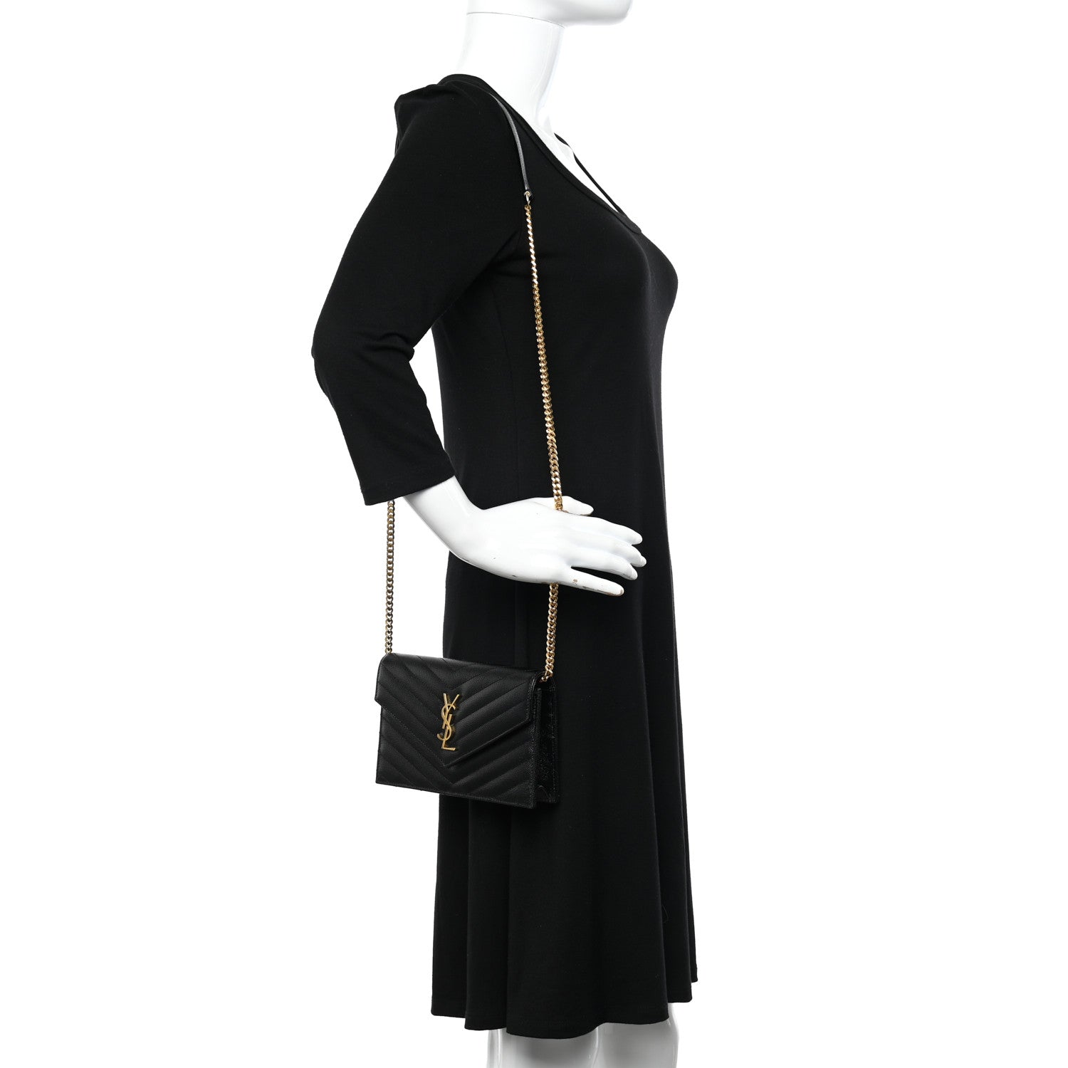 Saint Laurent Grain De Poudre Matelasse Chevron Monogram Envelope Chain Wallet Black 3 of 11
