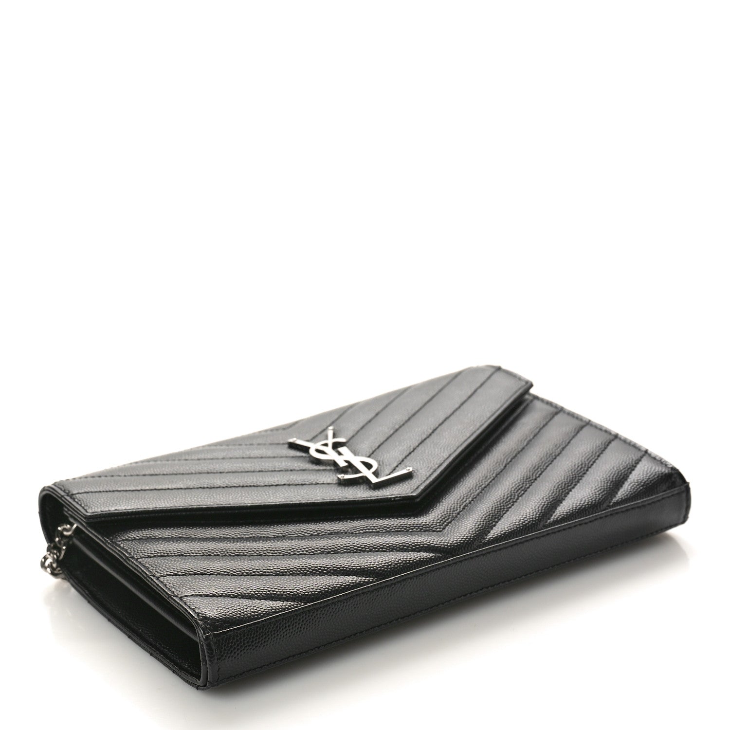 Saint Laurent Grain De Poudre Matelasse Chevron Monogram Chain Wallet Black 4 of 9