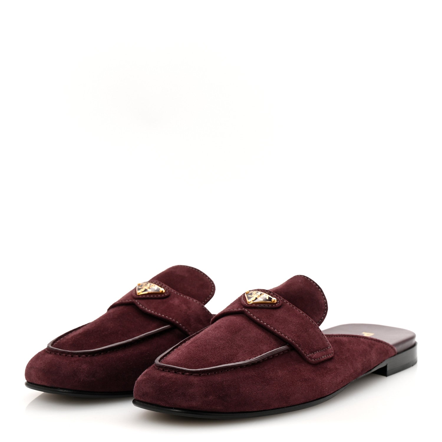 Prada Suede Metal Triangle Logo 10mm Loafer Mules 38.5 Bordeaux 4 of 9