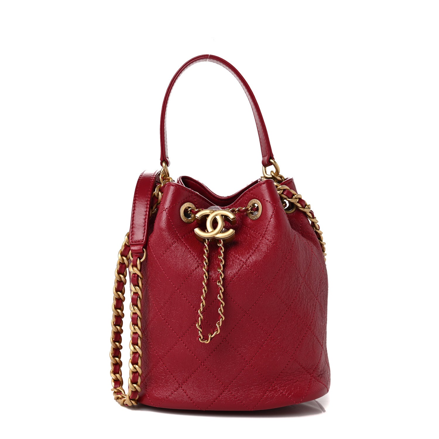 Chanel CHANE Shiny Lambskin Quilted Fashion Therapy Bucket Drawstring Bag Red 1 of 9