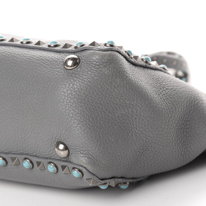 Valentino Garavani Grained Calfskin Turquoise Small Rockstud Rolling Tote Light Stone 7 of 14