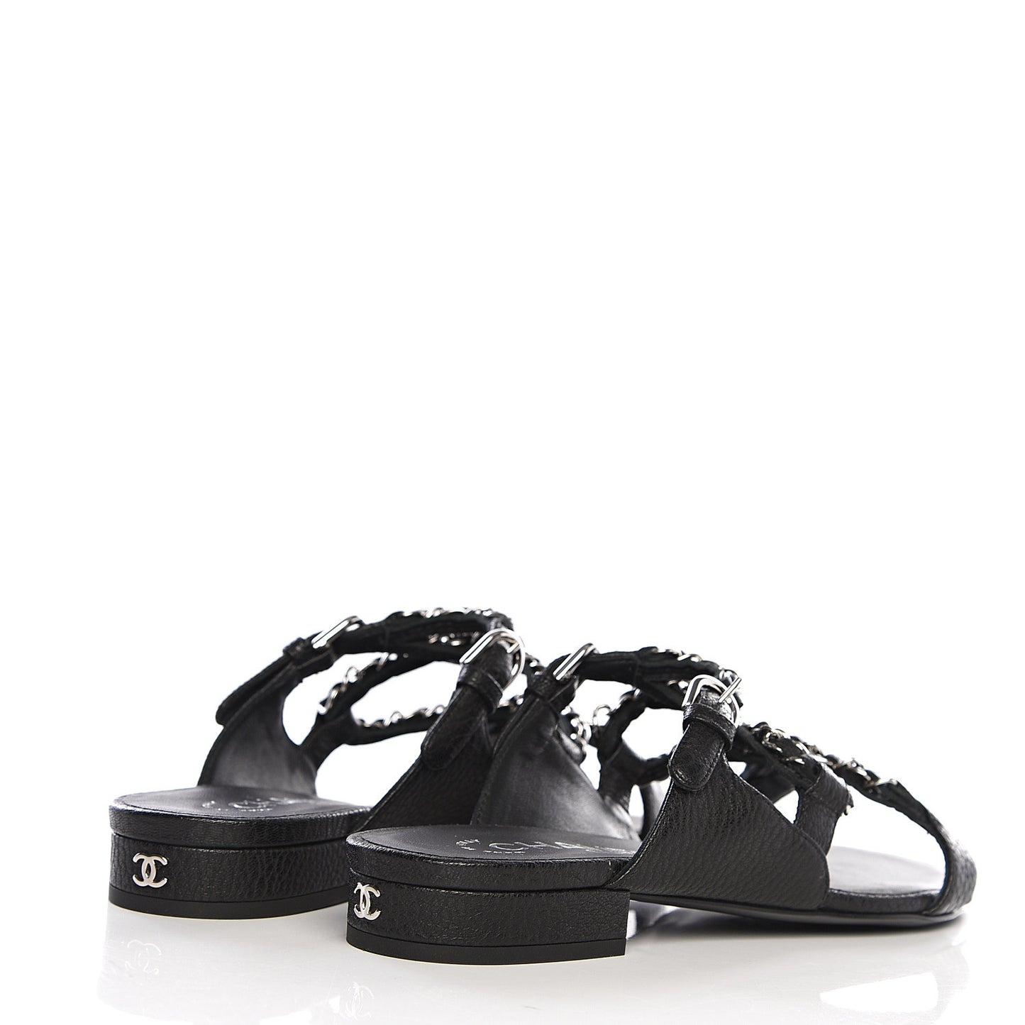 Grained Goatskin Chain Flat Sandals 35 Black