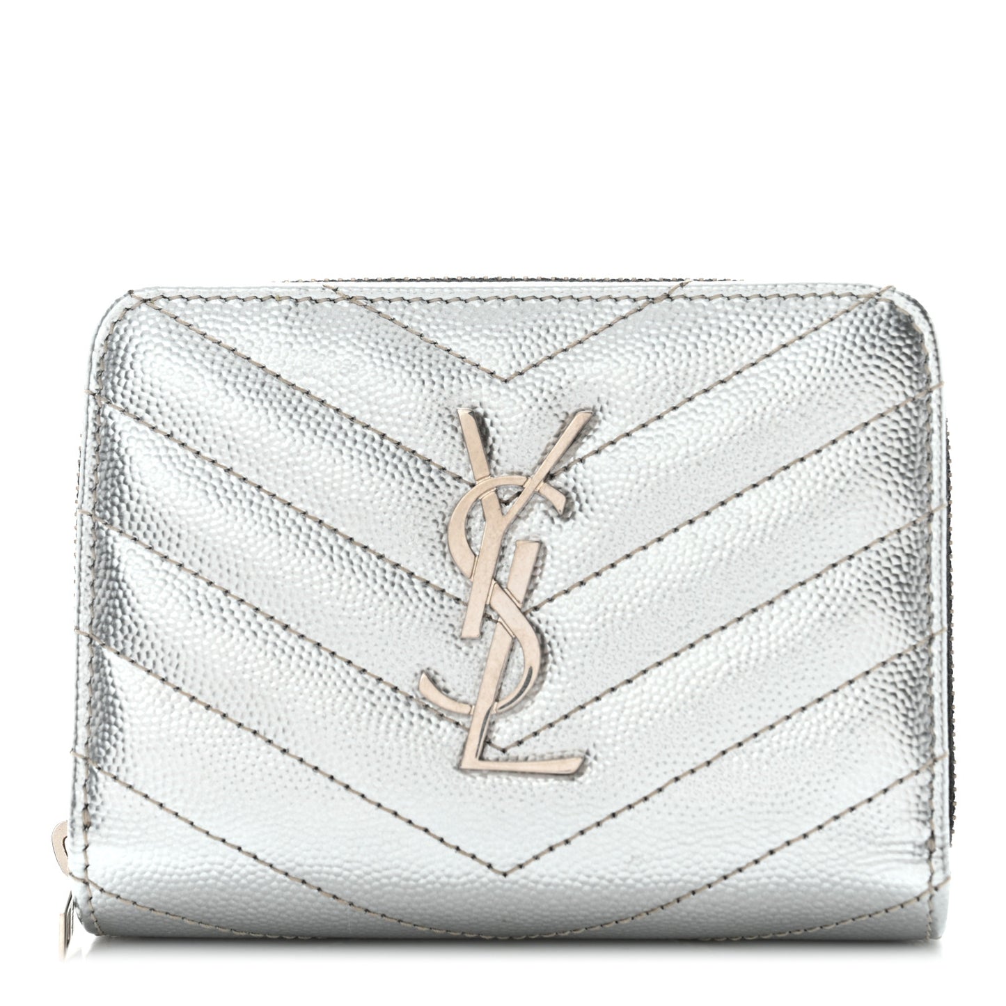 Metallic Grain De Poudre Matelasse Chevron Monogram Compact Zip Around Wallet Silver