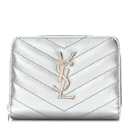 Saint Laurent Metallic Grain De Poudre Matelasse Chevron Monogram Compact Zip Around Wallet Silver 1 of 7