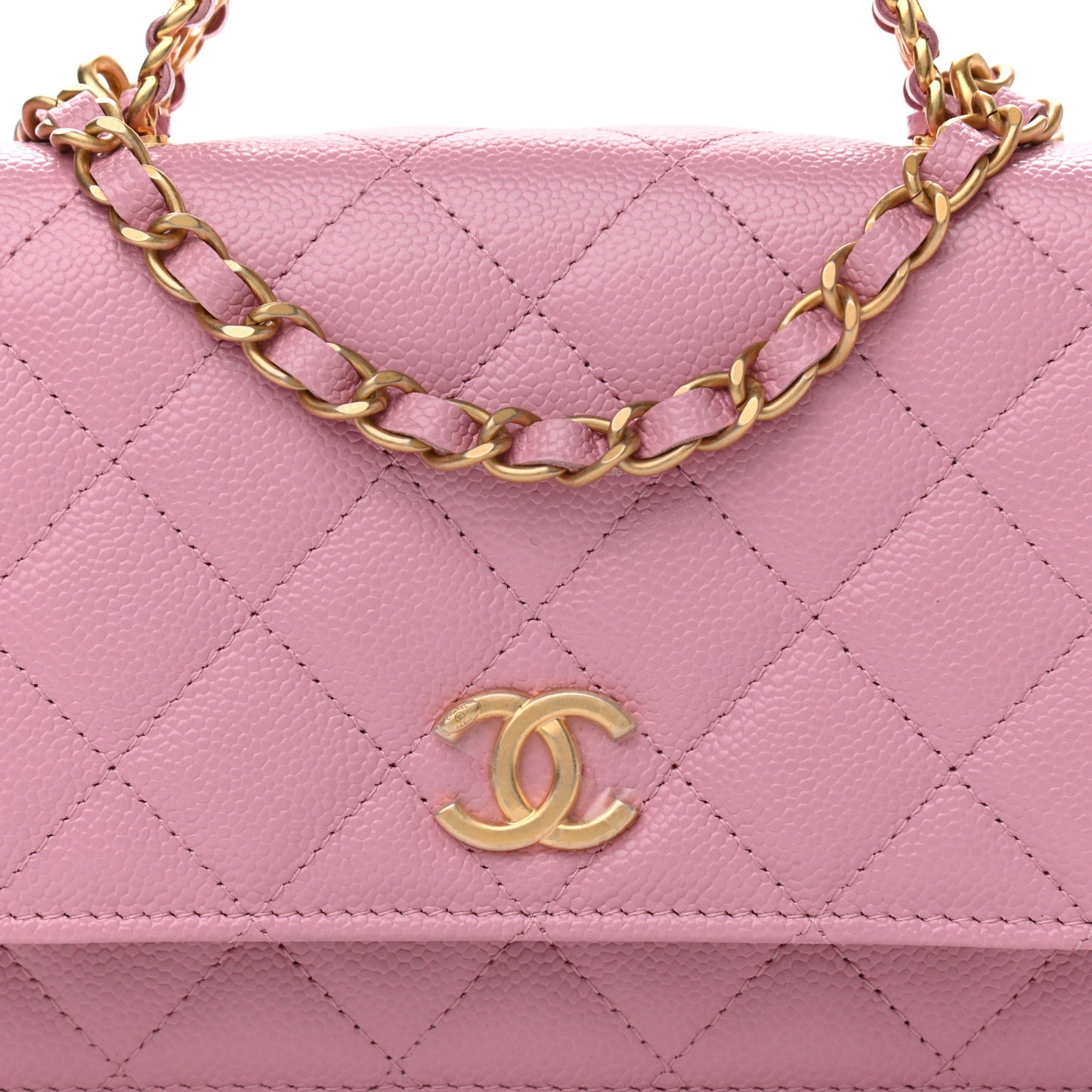 Shiny Caviar Quilted Pick Me Up Wallet On Chain WOC Pink